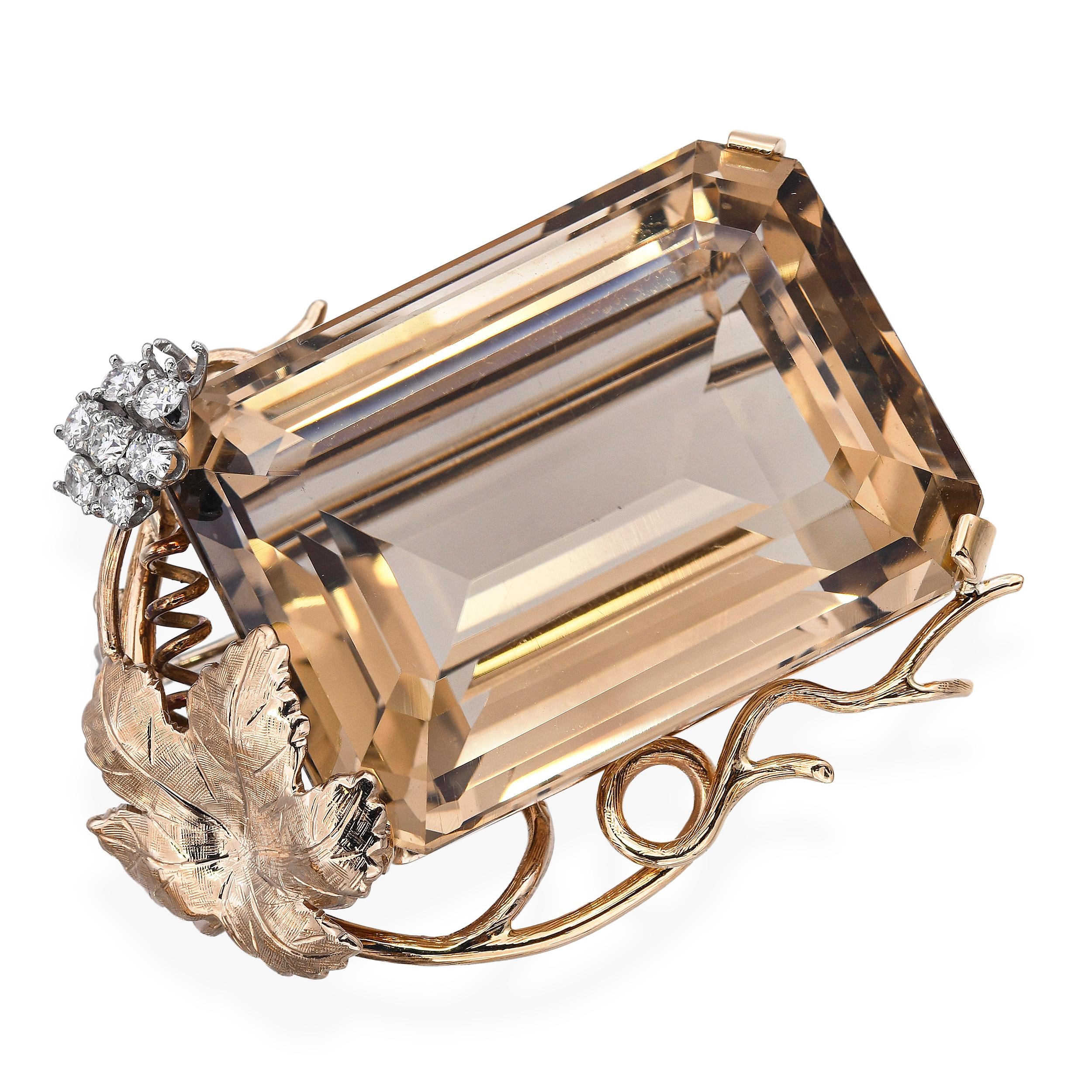 Vintage 14k Rose Gold 73.86ct Smoky Quartz & Diamond Leaf Motif Brooch