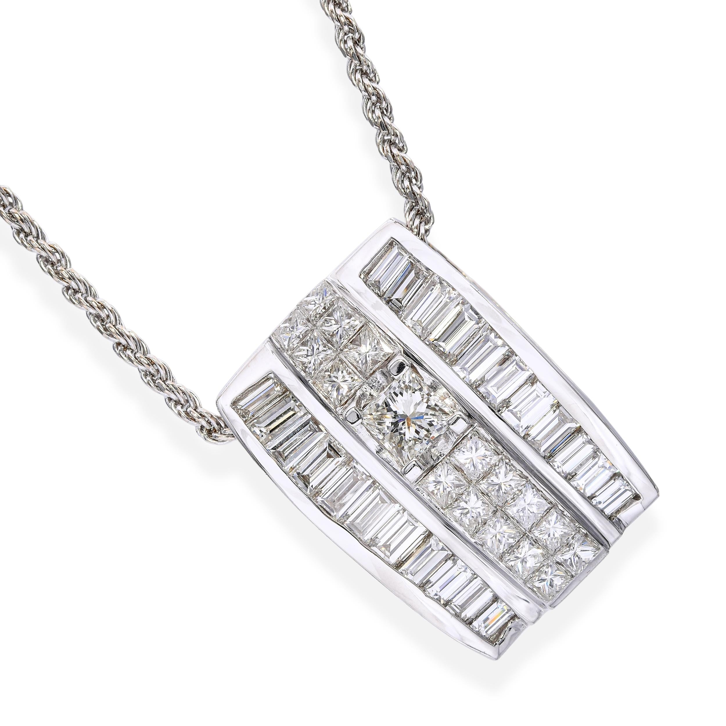 White Gold 2.36ctw Princess Cut and Baguette Diamond Pendant with Rope Necklace