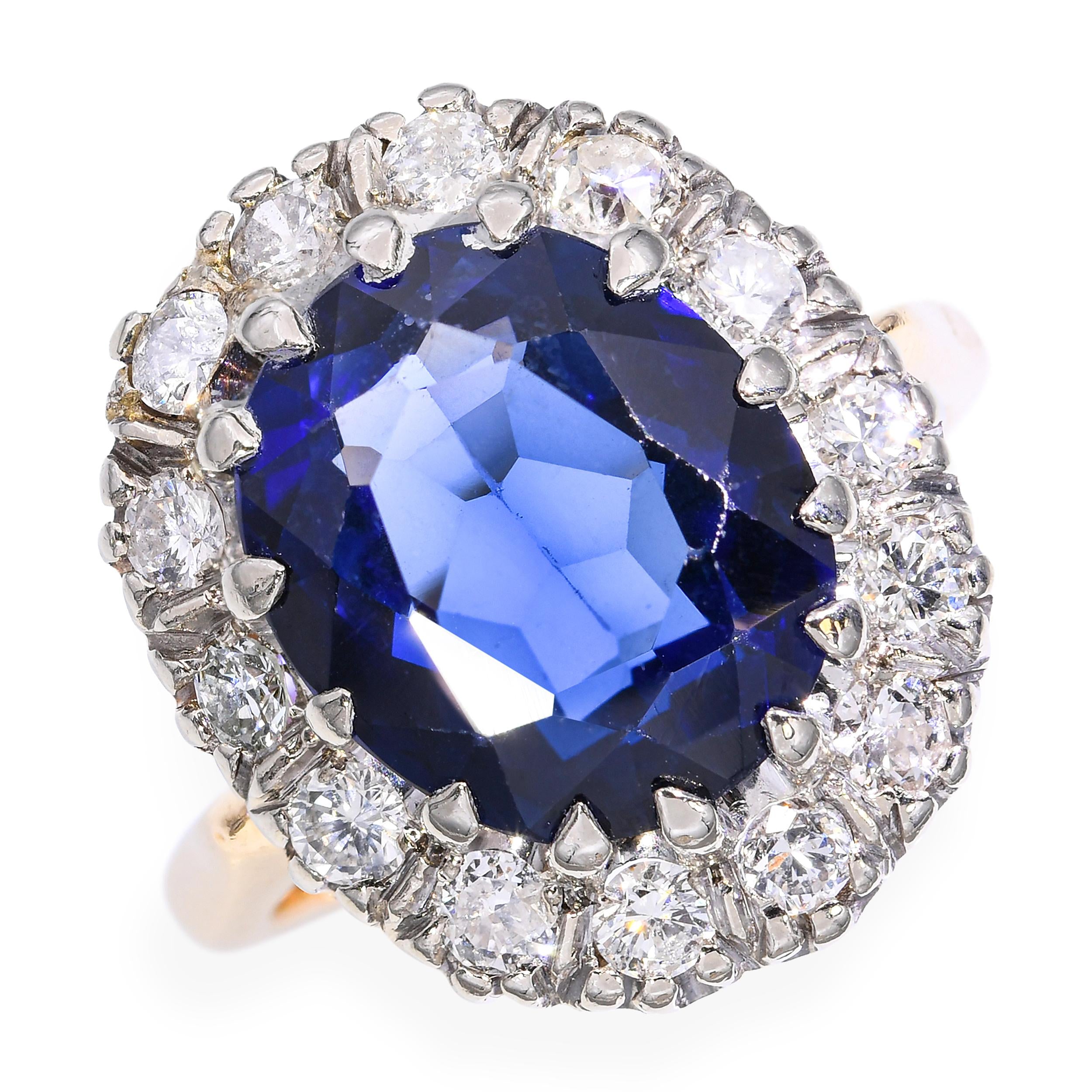 Vintage 14k Two Tone Gold 4.80ct Synthetic Sapphire & 1.12tcw Diamond Ring