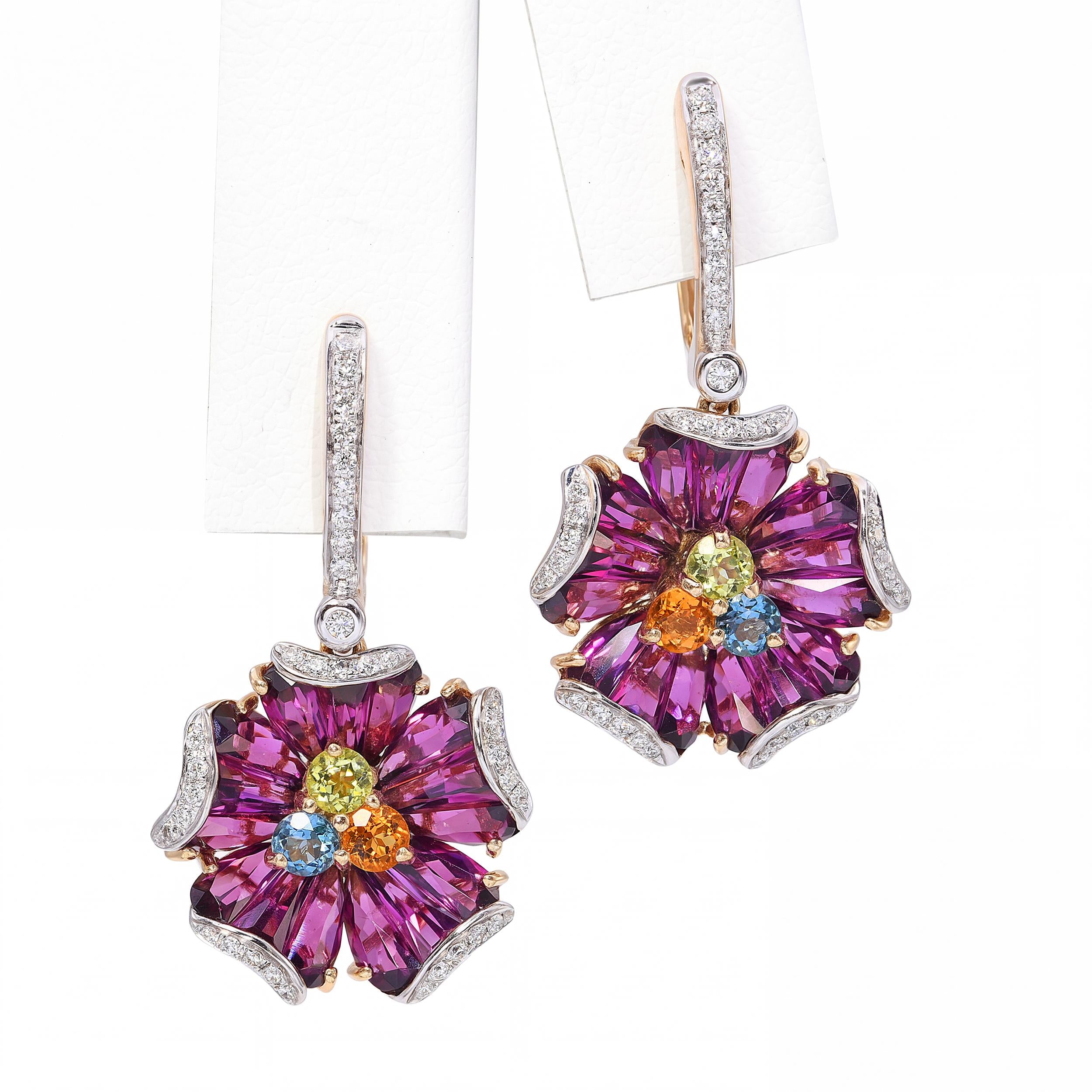 Bellarri 14k Yellow Gold Multi-Gemstone and Diamond Floral Hoop Dangle Earrings