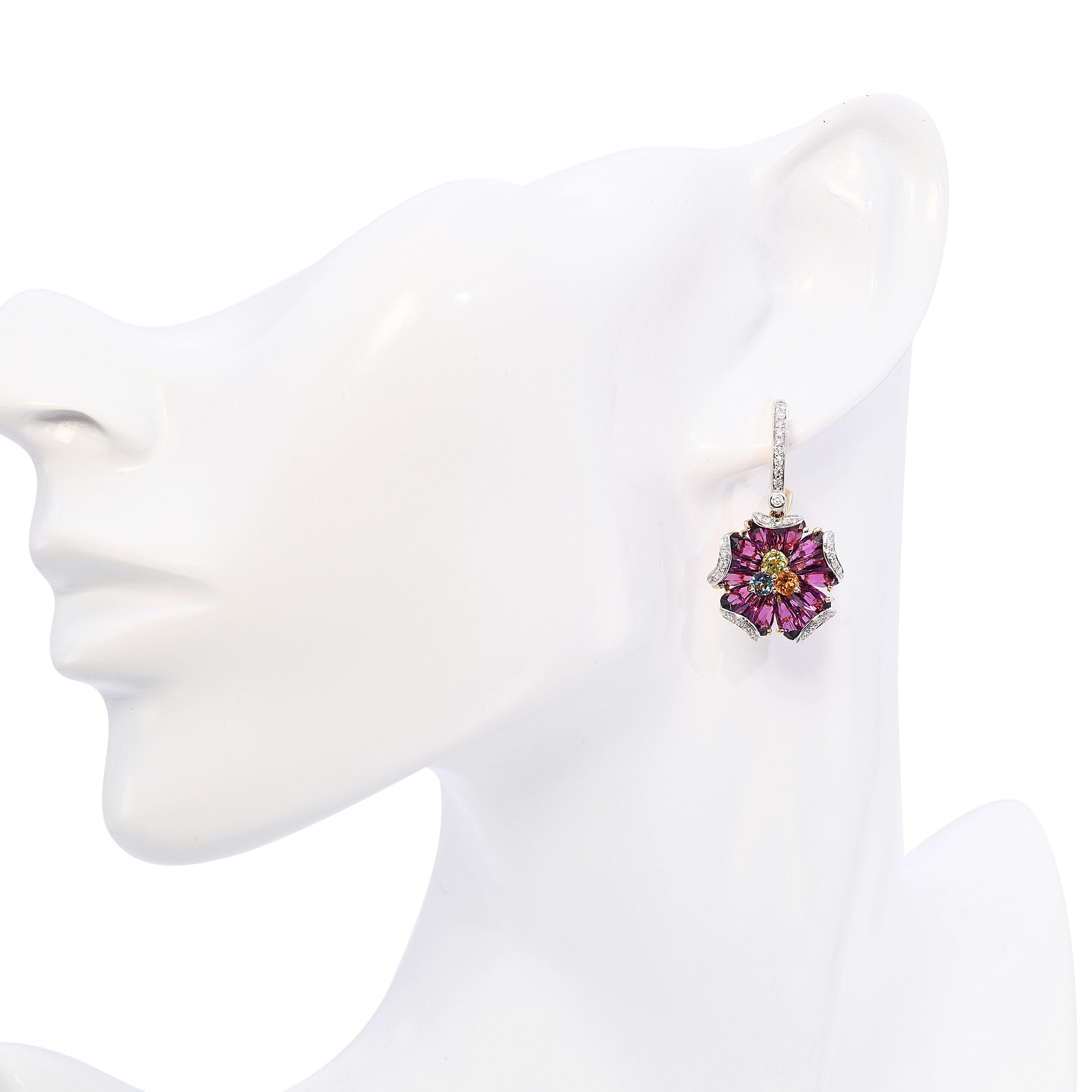 Bellarri 14k Yellow Gold Multi-Gemstone and Diamond Floral Hoop Dangle Earrings