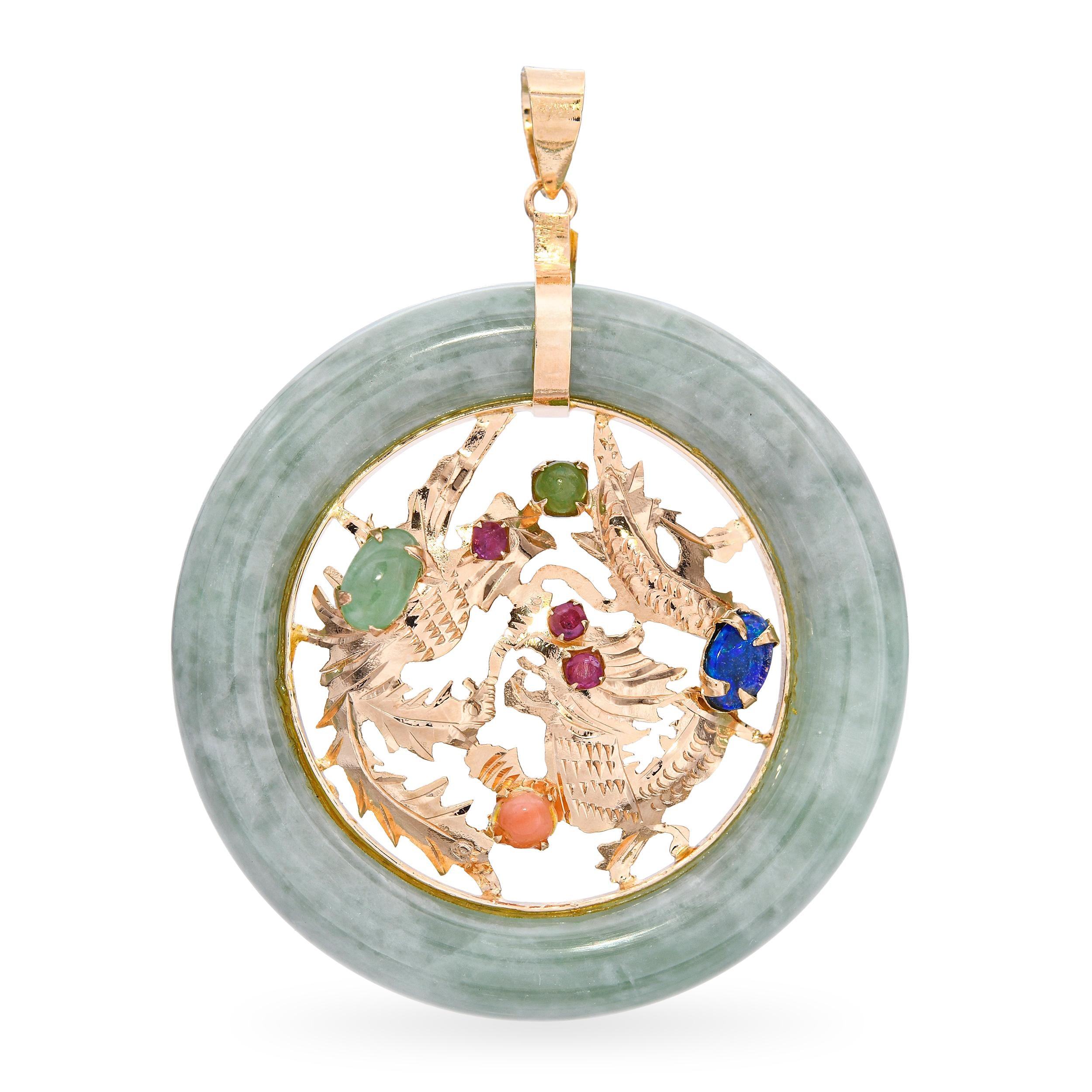 Vintage 14k Yellow Gold Multi-Gemstone Dragon with Green Jade Donut Pendant