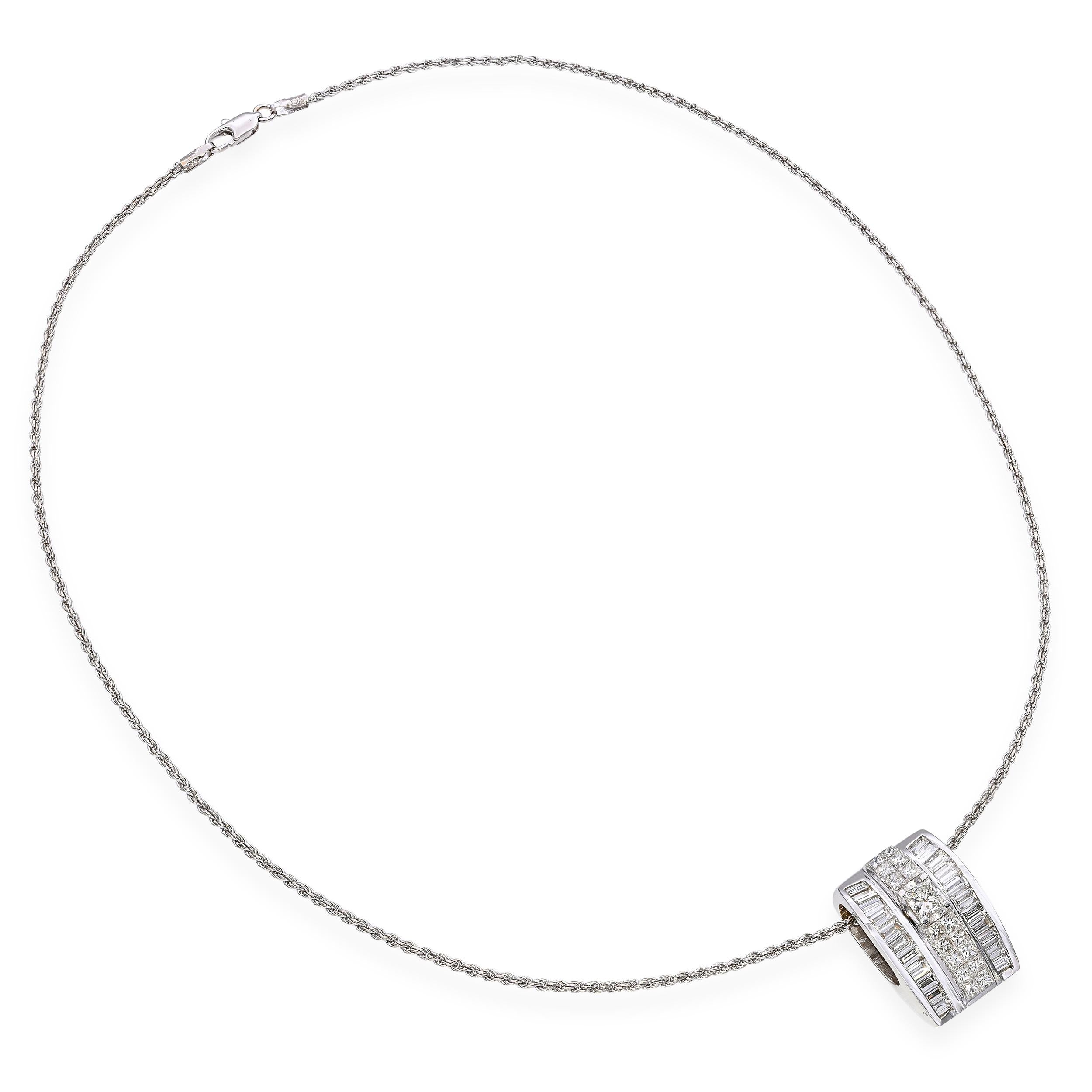 White Gold 2.36ctw Princess Cut and Baguette Diamond Pendant with Rope Necklace