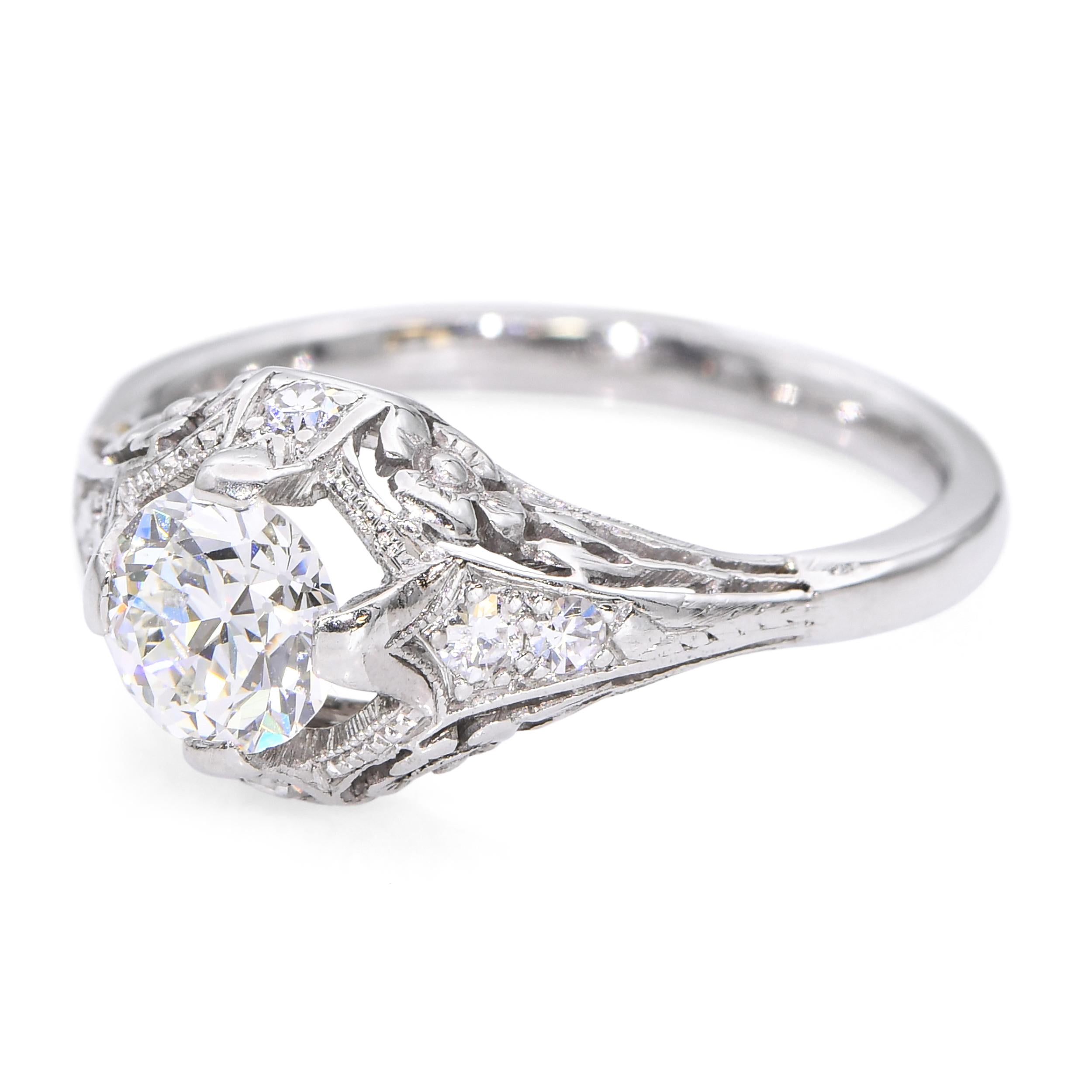 Antique Platinum 0.84tcw F VS1 Old Euro Cut Diamond Floral Filigree Ring