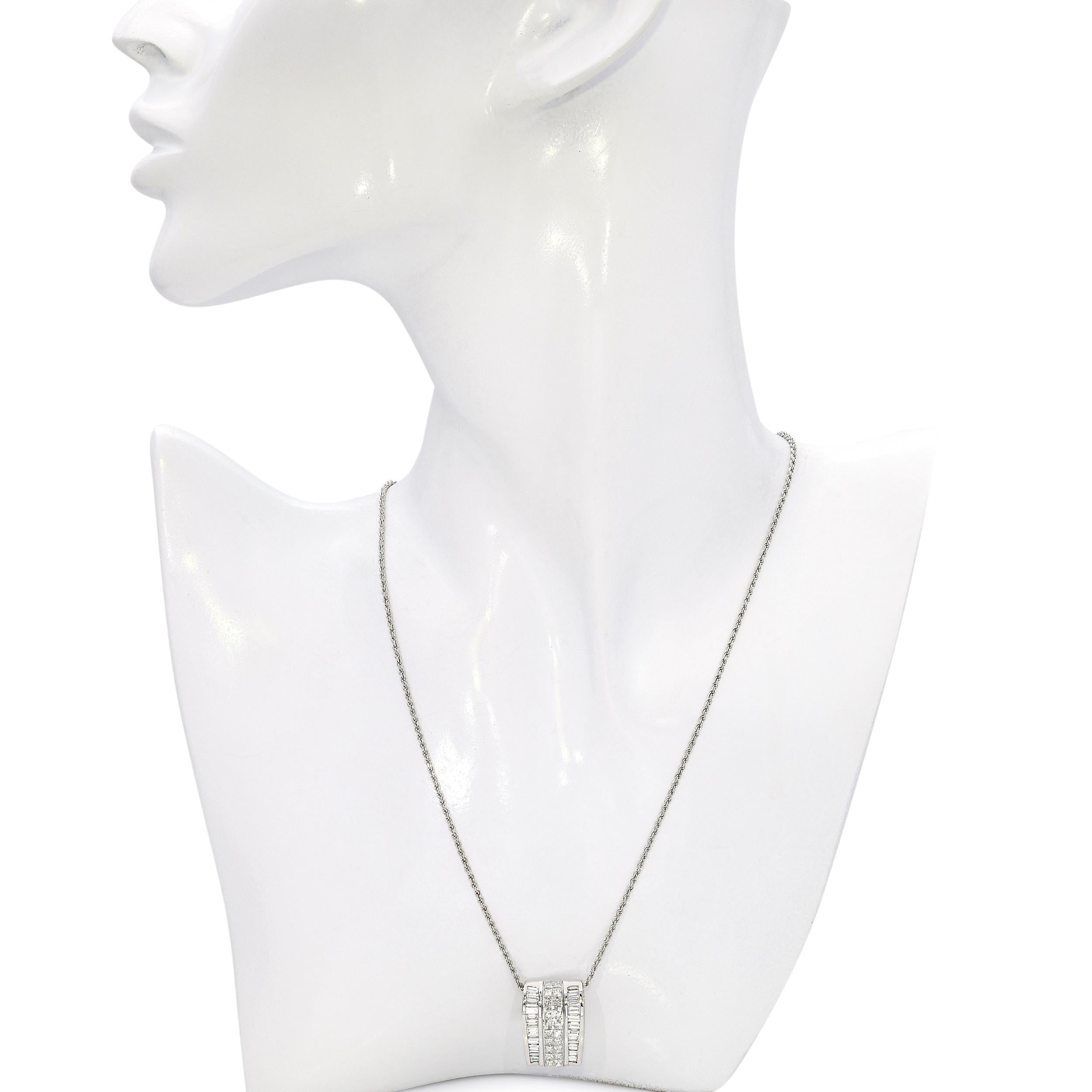 White Gold 2.36ctw Princess Cut and Baguette Diamond Pendant with Rope Necklace