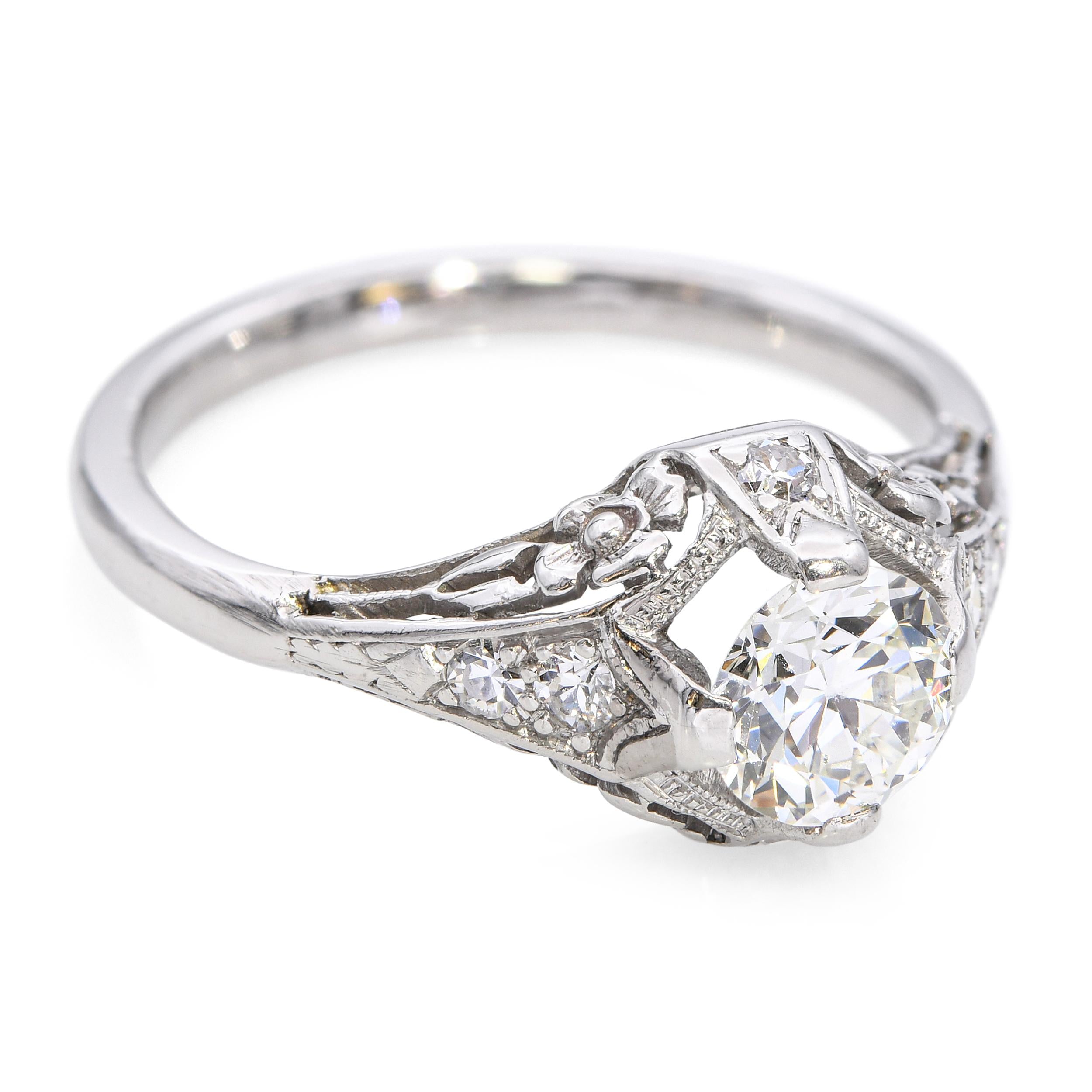 Antique Platinum 0.84tcw F VS1 Old Euro Cut Diamond Floral Filigree Ring