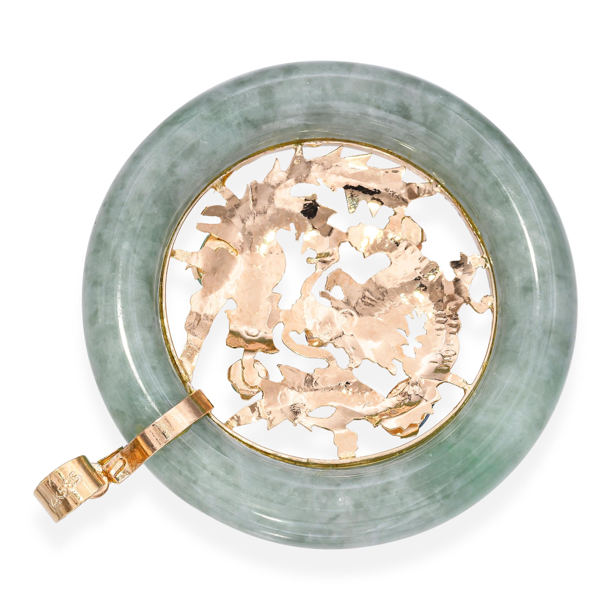 Vintage 14k Yellow Gold Multi-Gemstone Dragon with Green Jade Donut Pendant