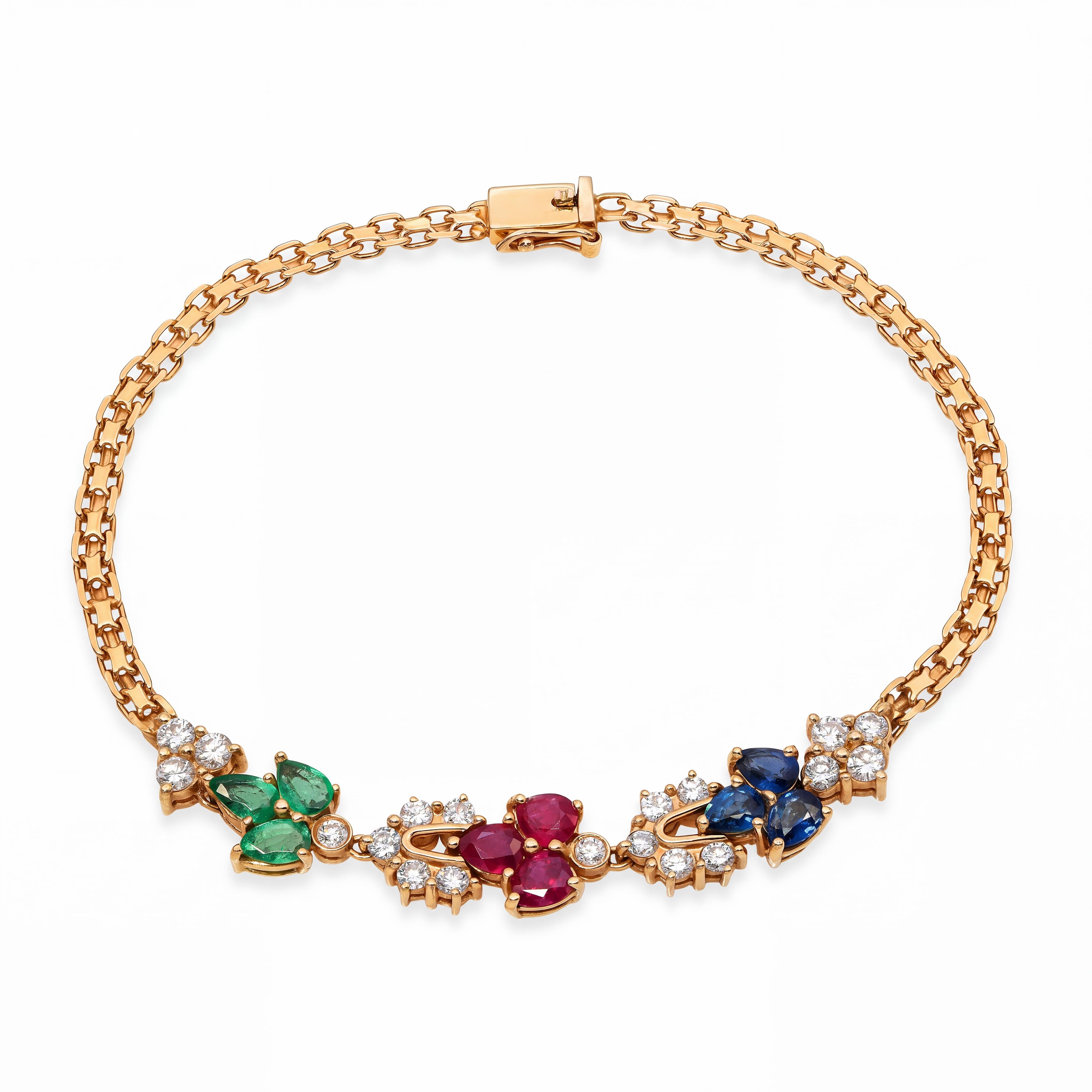 Vintage 18k Yellow Gold Ruby Sapphire Emerald and Diamond Bracelet