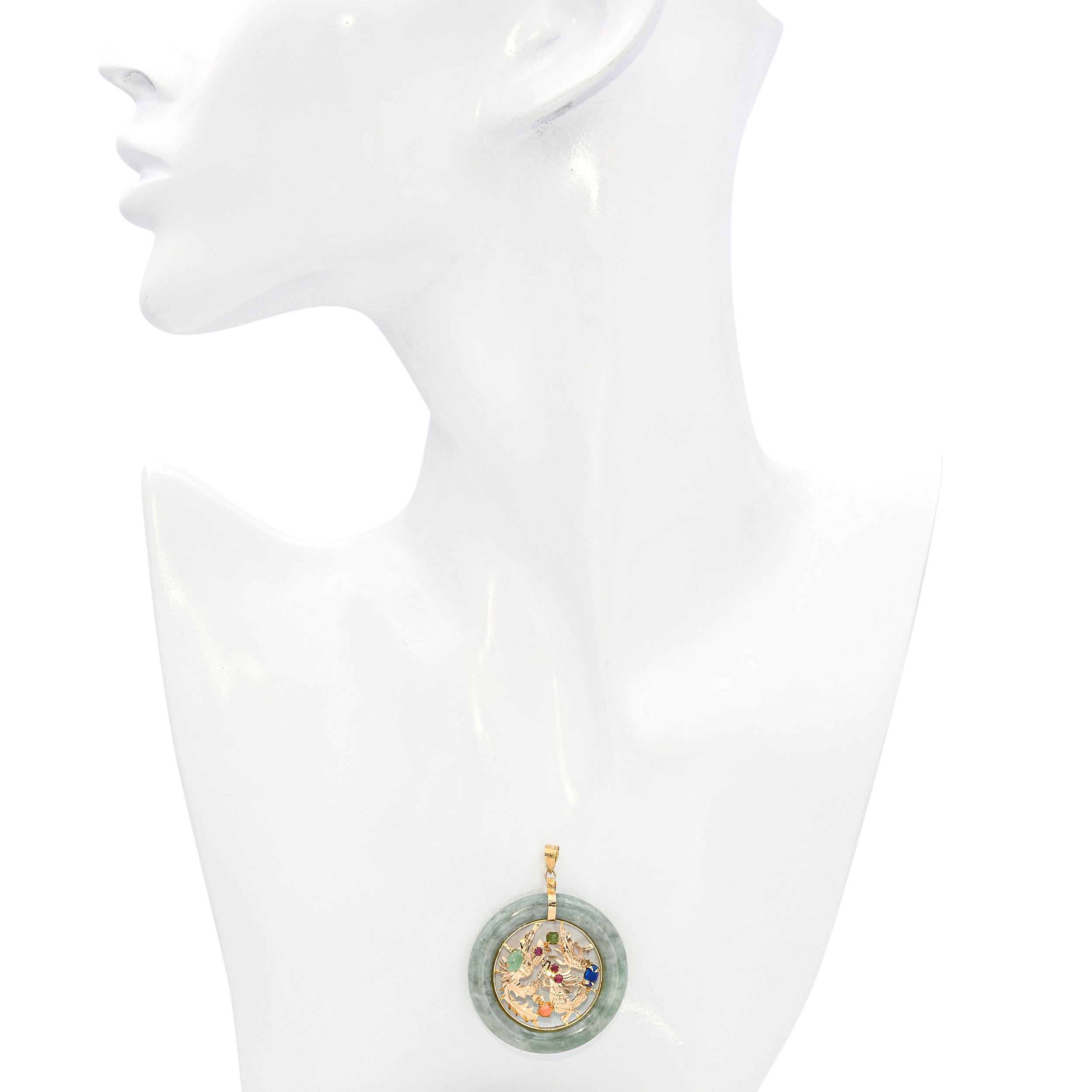 Vintage 14k Yellow Gold Multi-Gemstone Dragon with Green Jade Donut Pendant