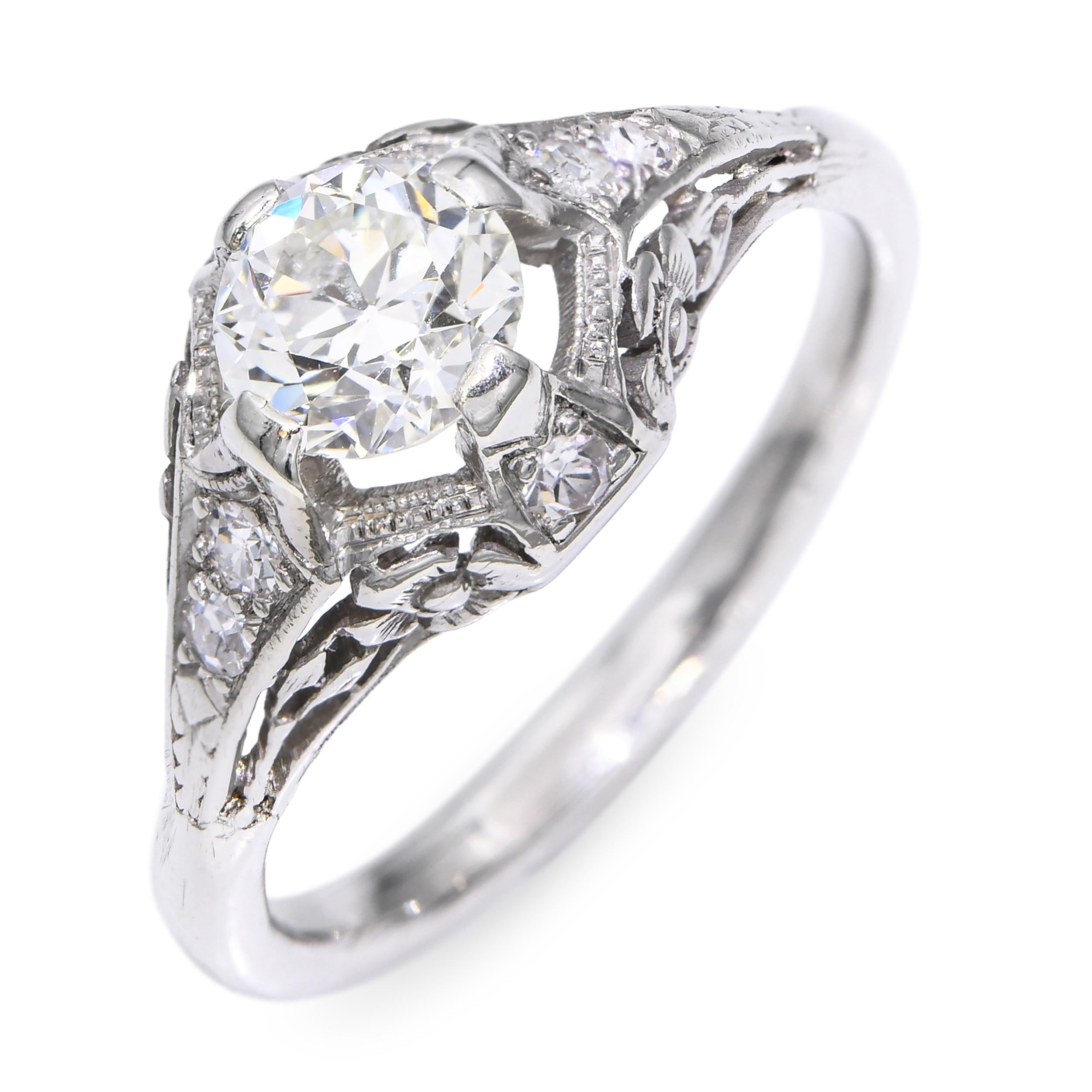 Antique Platinum 0.84tcw F VS1 Old Euro Cut Diamond Floral Filigree Ring