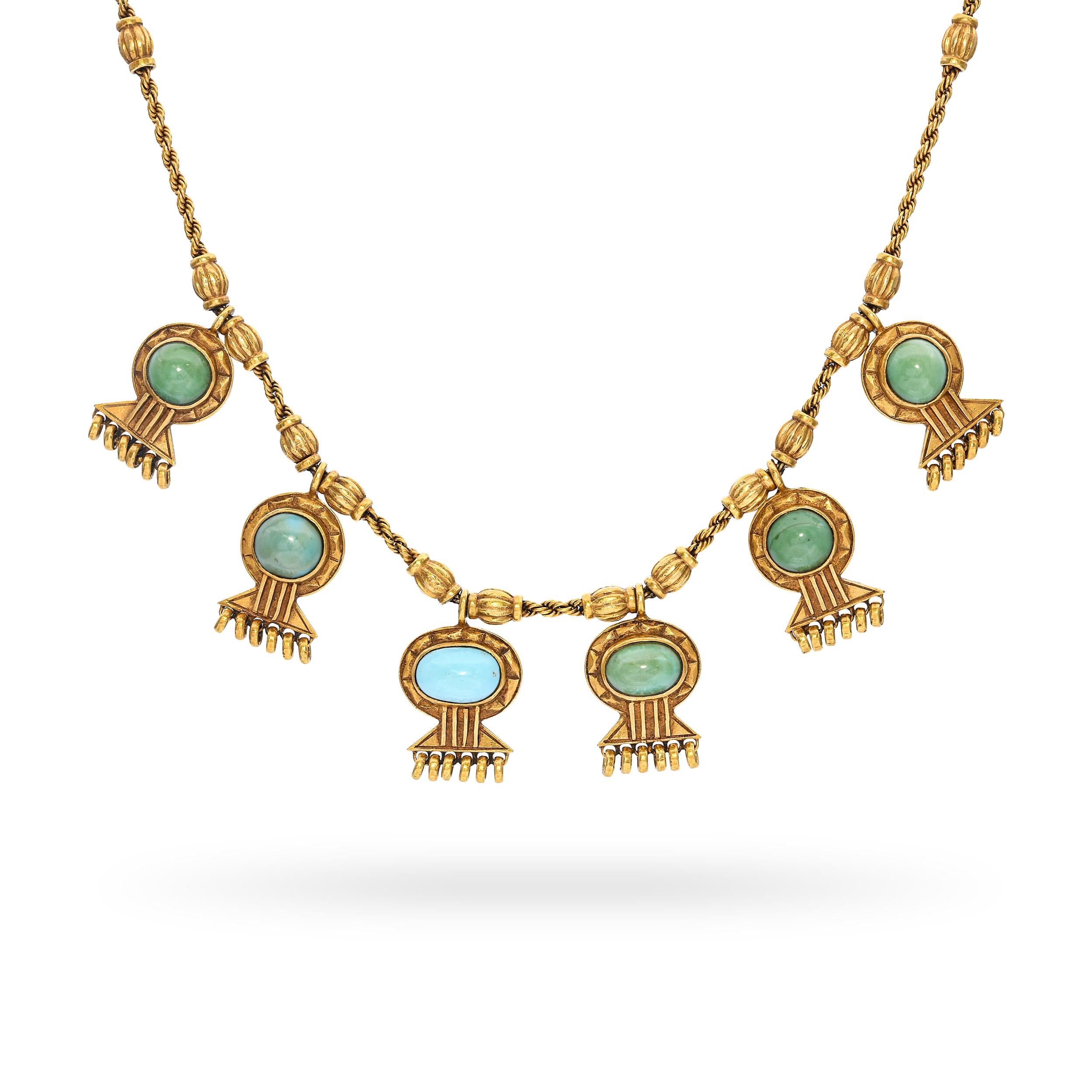 Vintage 18k Yellow Gold Turquoise Egyptian Revival Necklace