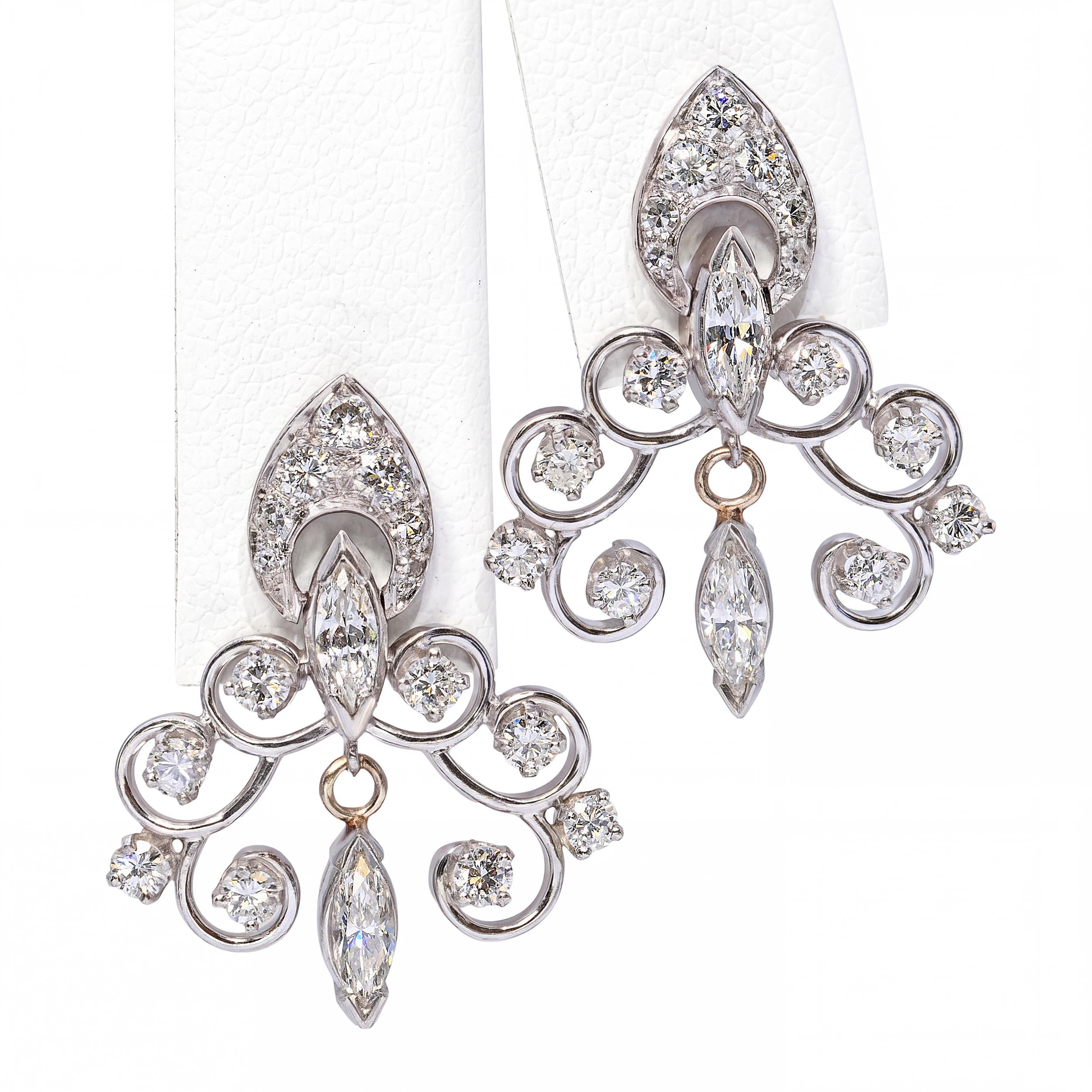 Vintage 14k White Gold Chandelier 1.72tcw Diamond Earrings