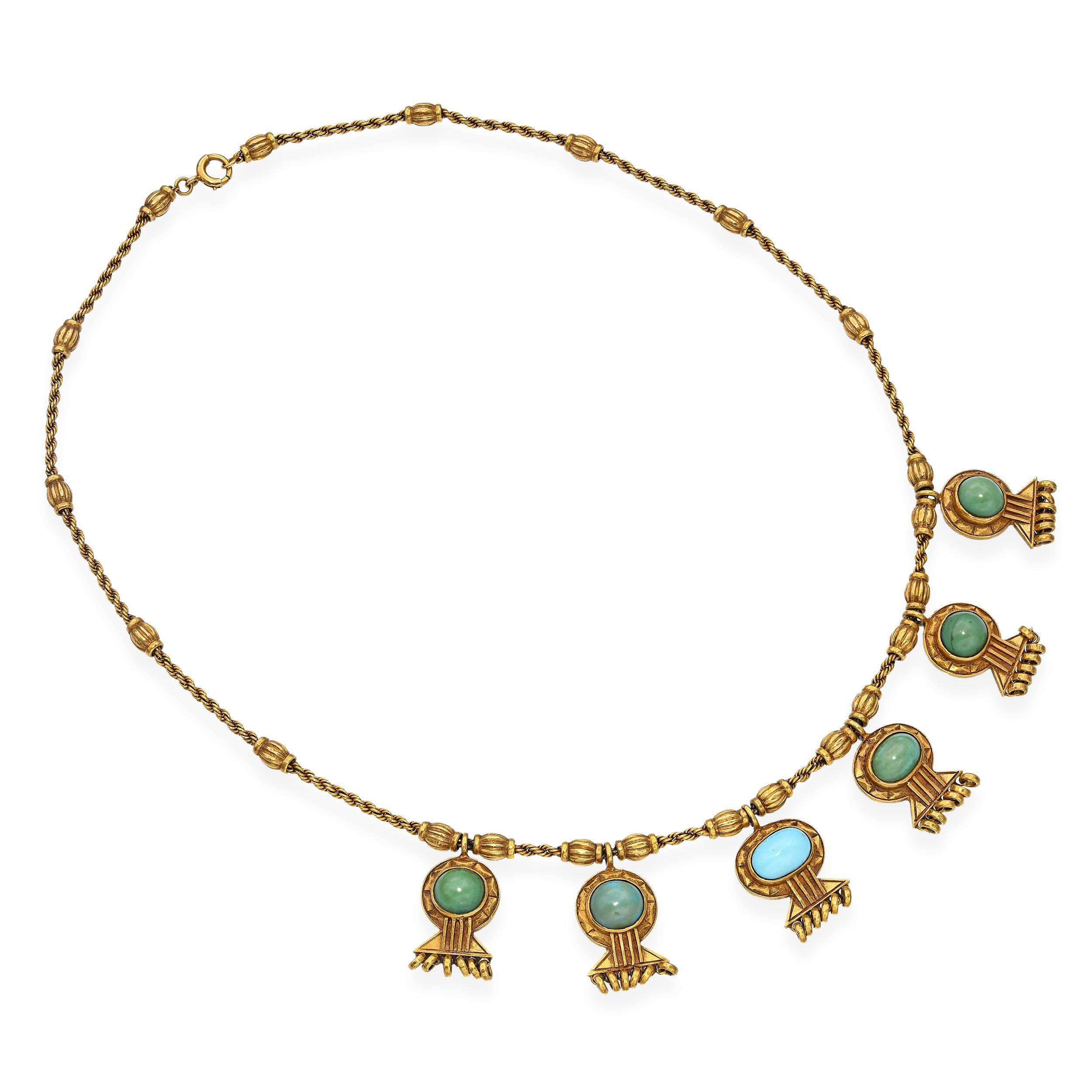 Vintage 18k Yellow Gold Turquoise Egyptian Revival Necklace