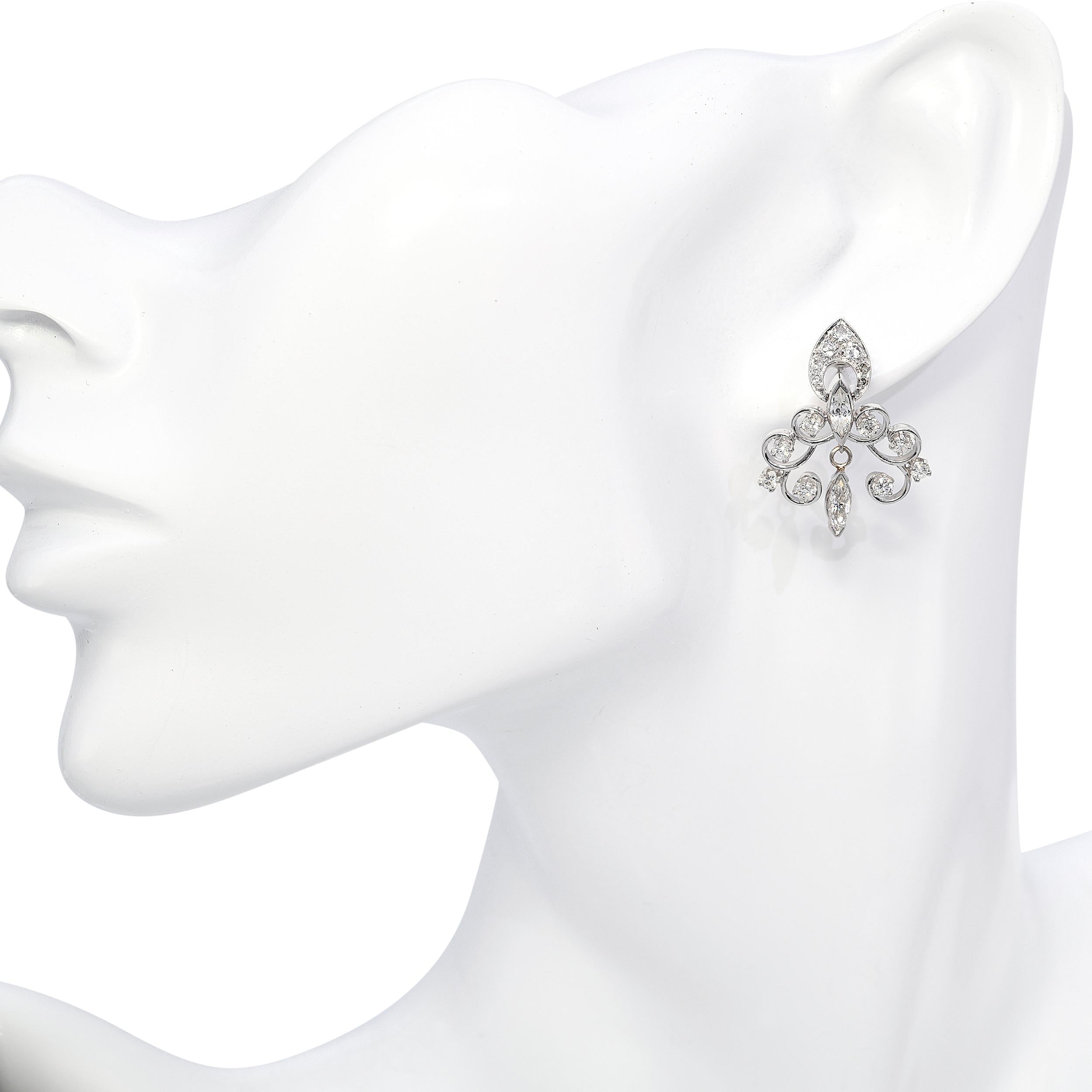 Vintage 14k White Gold Chandelier 1.72tcw Diamond Earrings