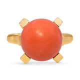 Vintage 18k Yellow Gold Coral Bead Cabochon Ring