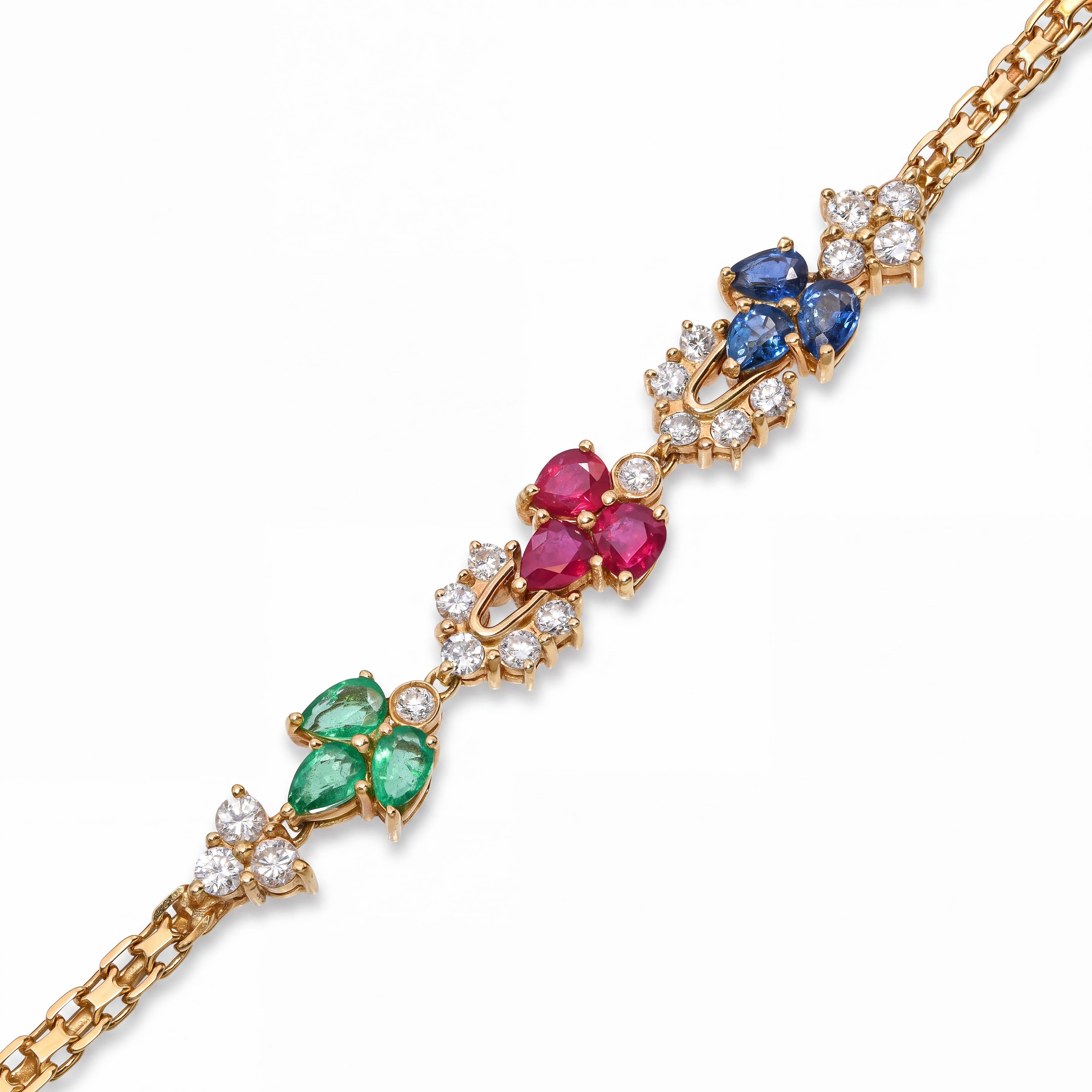 Vintage 18k Yellow Gold Ruby Sapphire Emerald and Diamond Bracelet