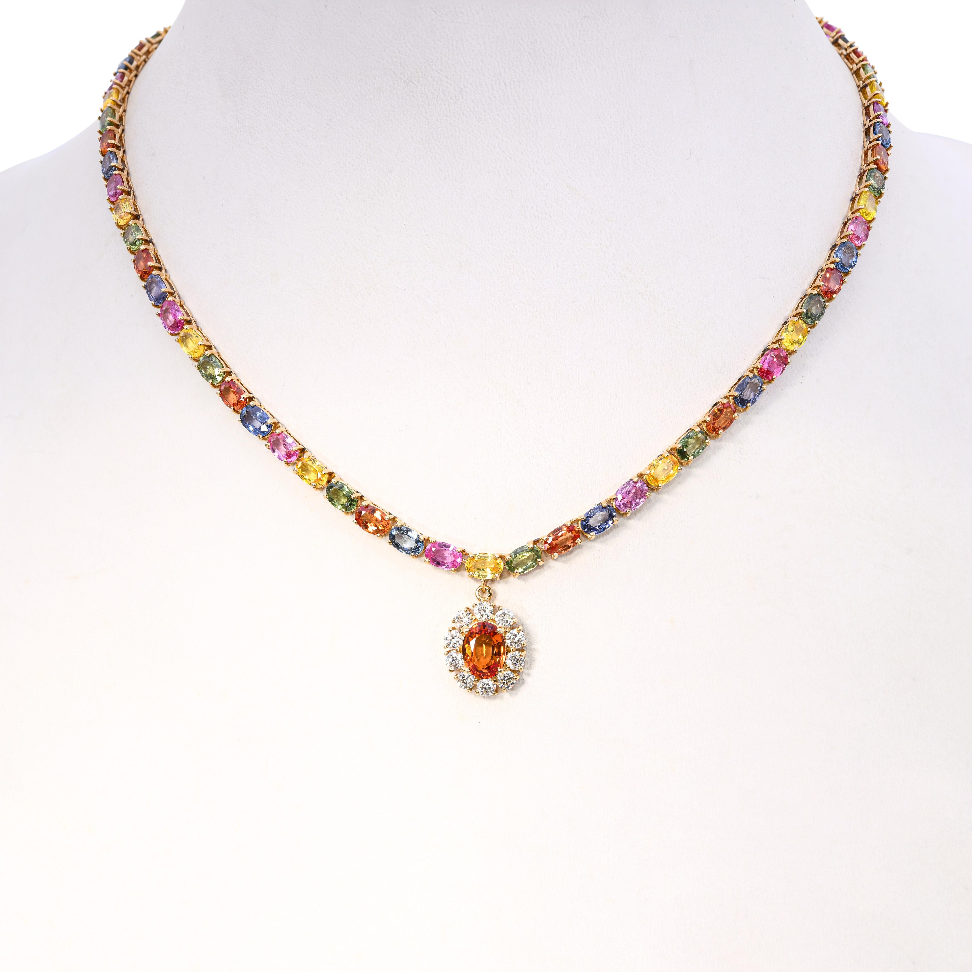 14k Yellow Gold 52.40ctw Multicolor Sapphire & Diamond Drop Tennis Necklace