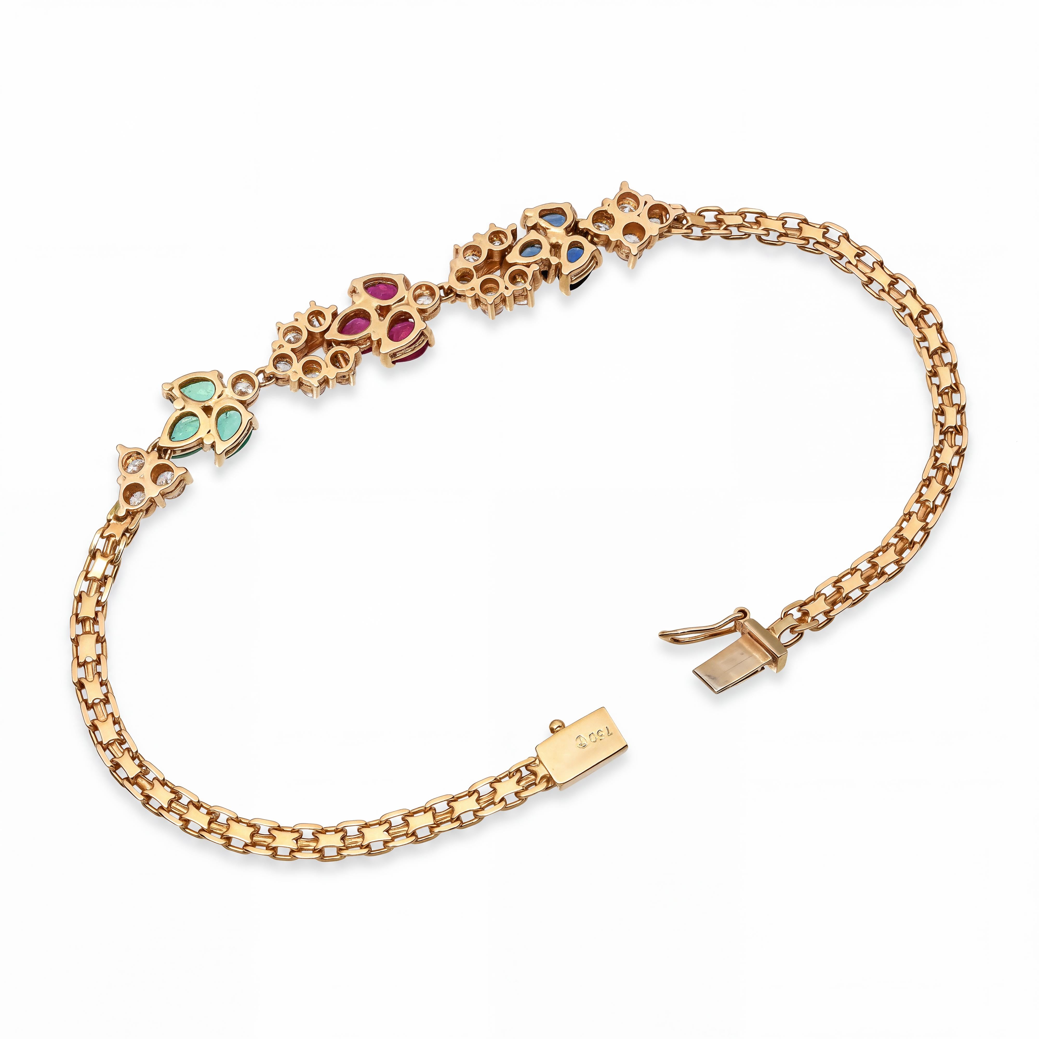 Vintage 18k Yellow Gold Ruby Sapphire Emerald and Diamond Bracelet