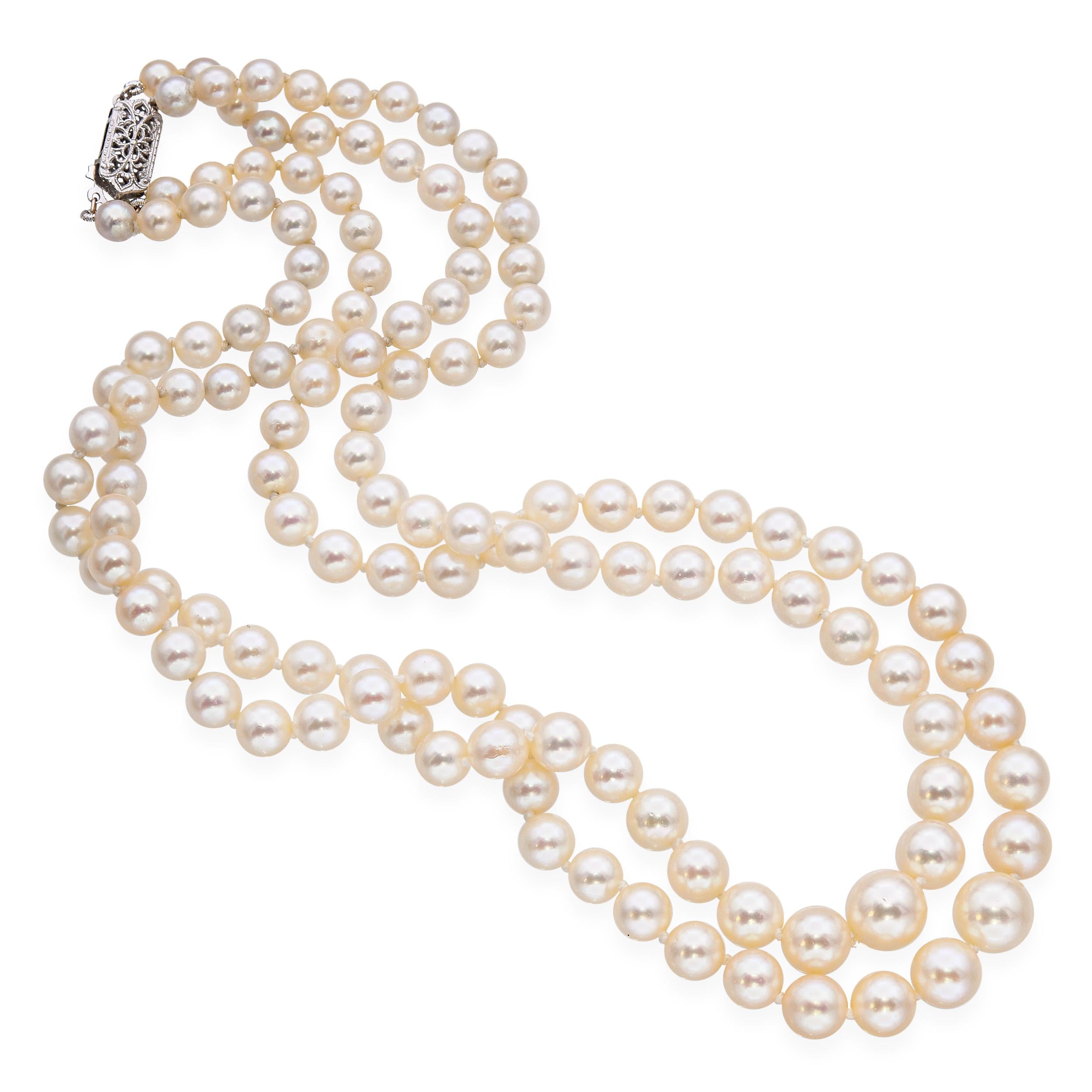 Vintage 14k White Gold Akoya Pearl Beaded Double Strand Necklace
