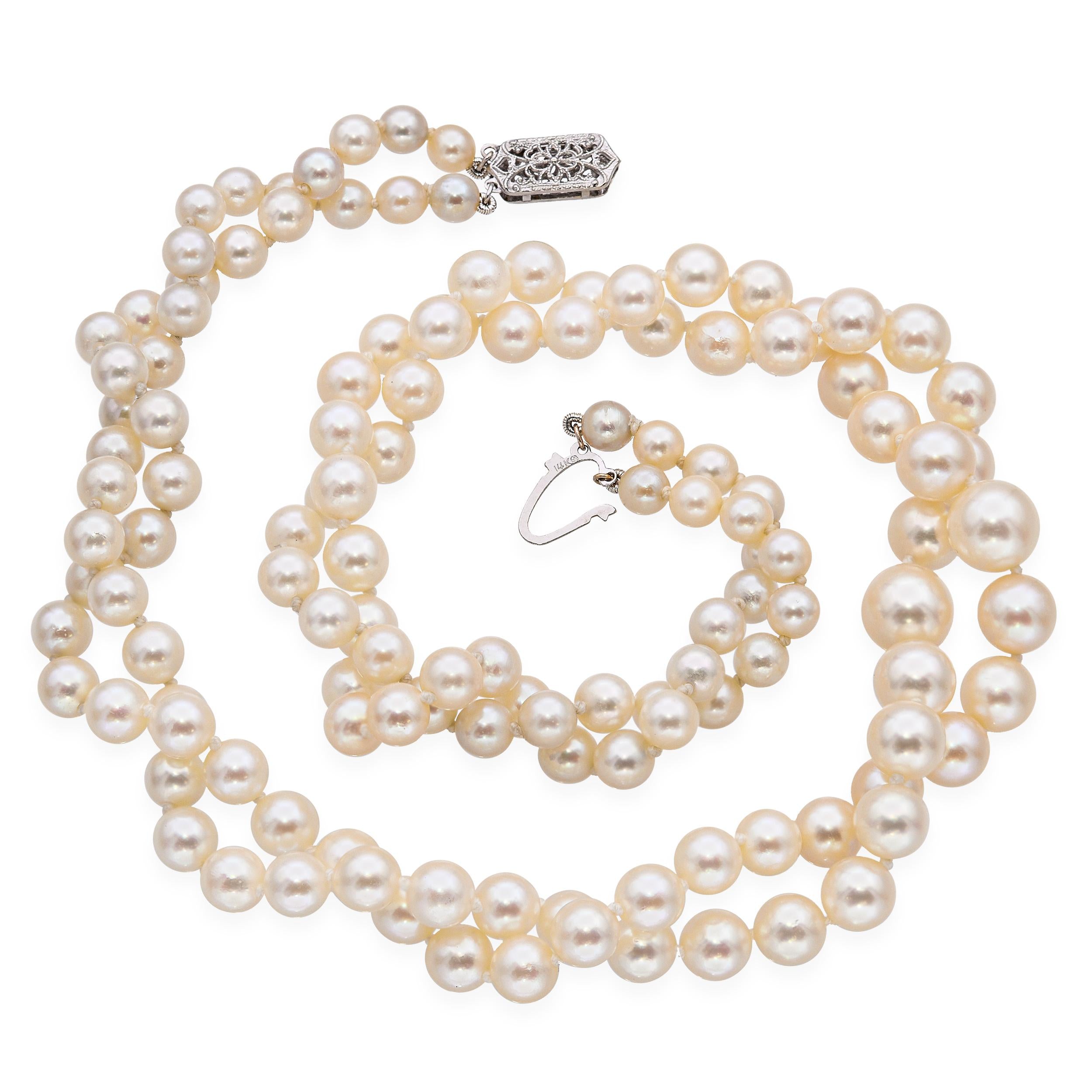 Vintage 14k White Gold Akoya Pearl Beaded Double Strand Necklace