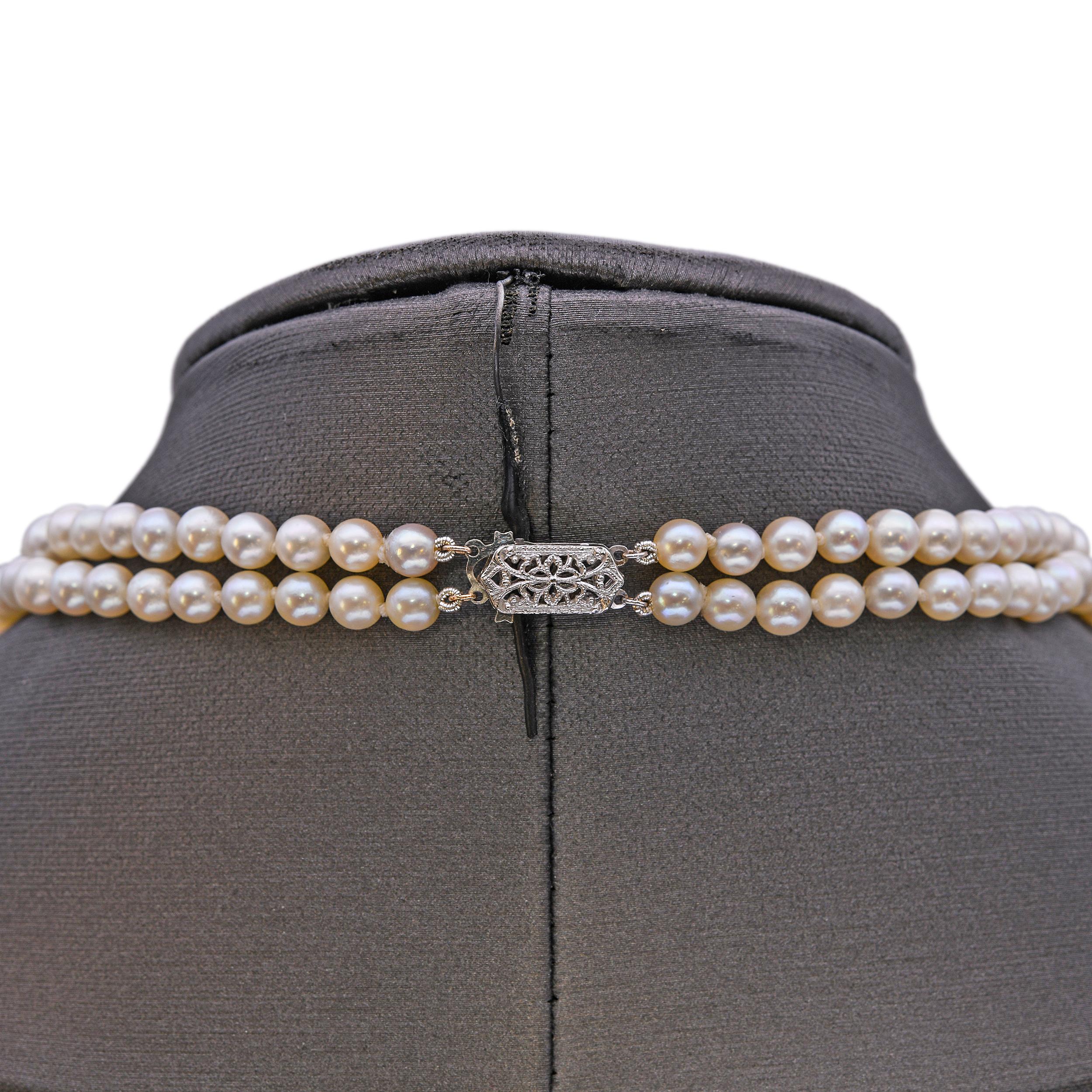 Vintage 14k White Gold Akoya Pearl Beaded Double Strand Necklace