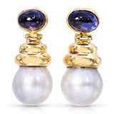 Yellow Gold Pearl & Amethyst Drop Earrings