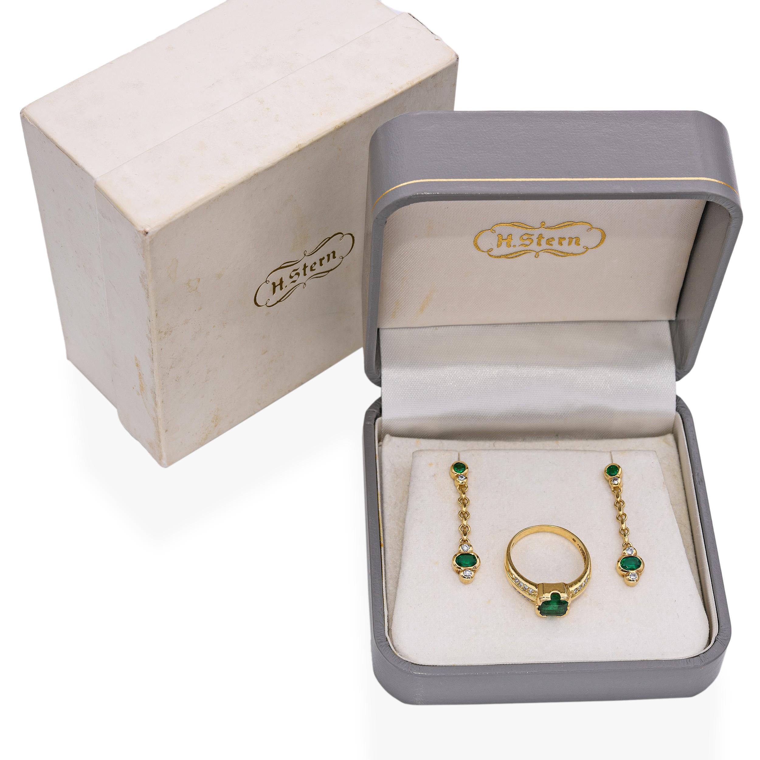 Vintage H. Stern 18k Yellow Gold Emerald and Diamond Jewelry Set