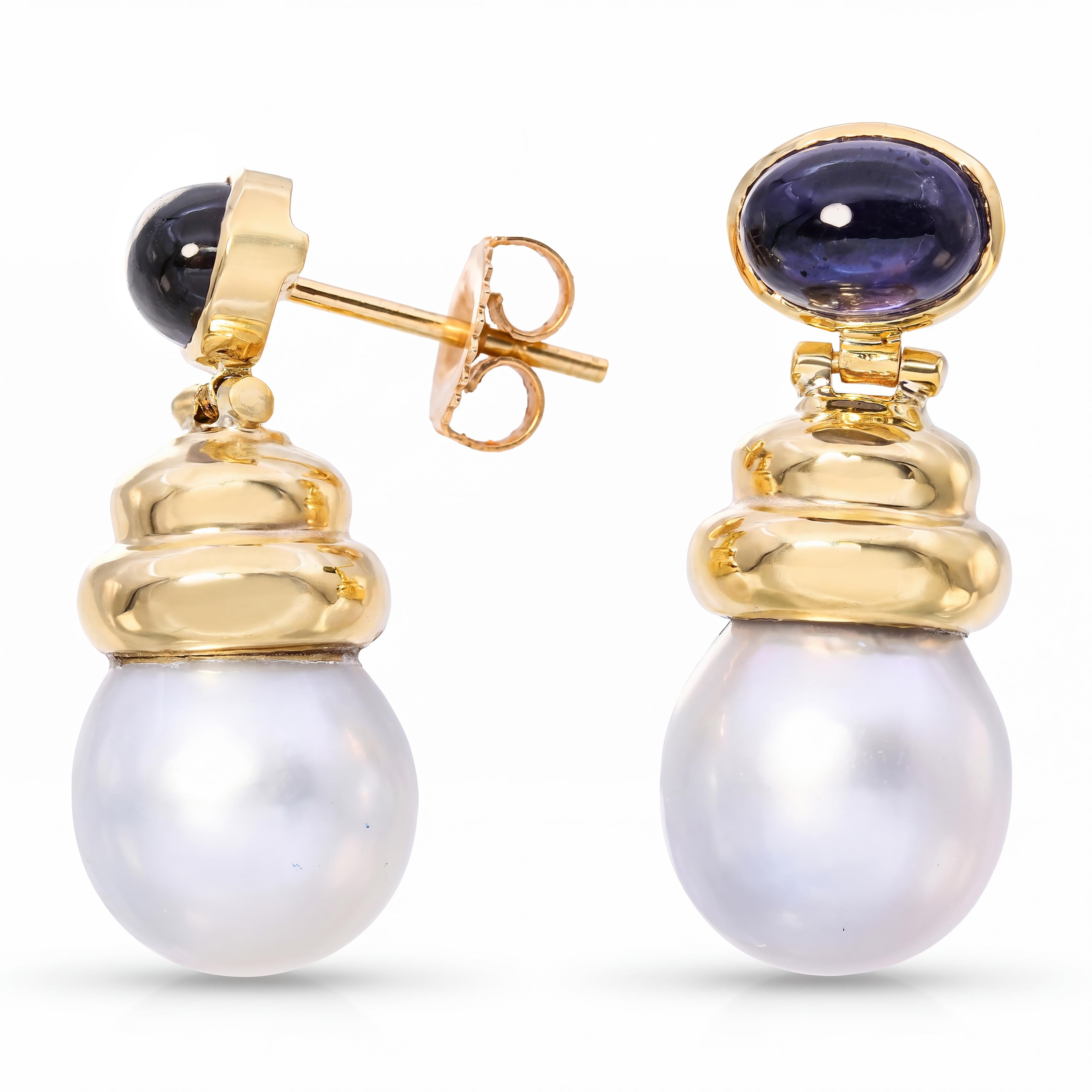 Yellow Gold Pearl & Amethyst Drop Earrings