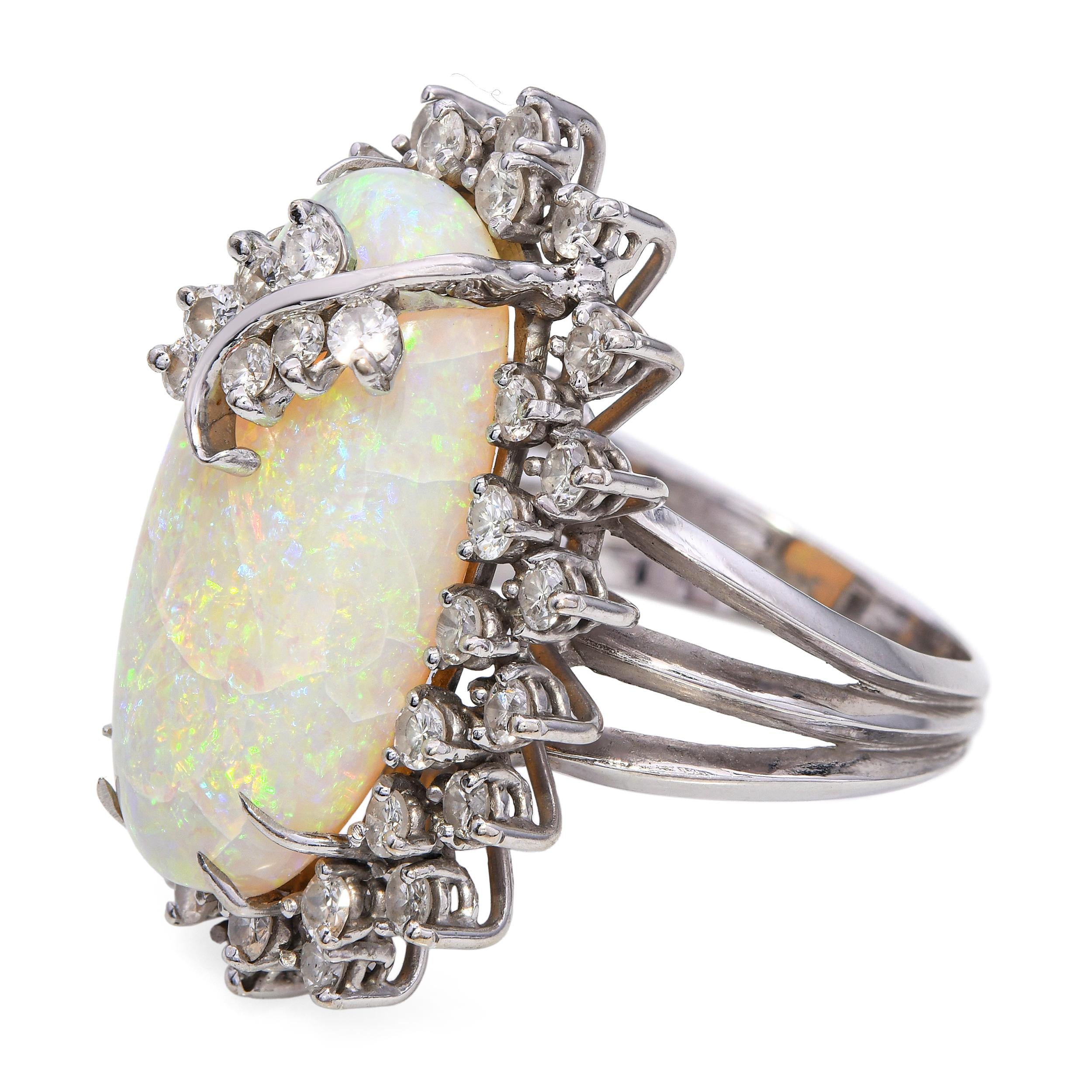 Vintage 14k White Gold 14.11ct Opal and 1.26tcw Diamond Halo Statement Ring