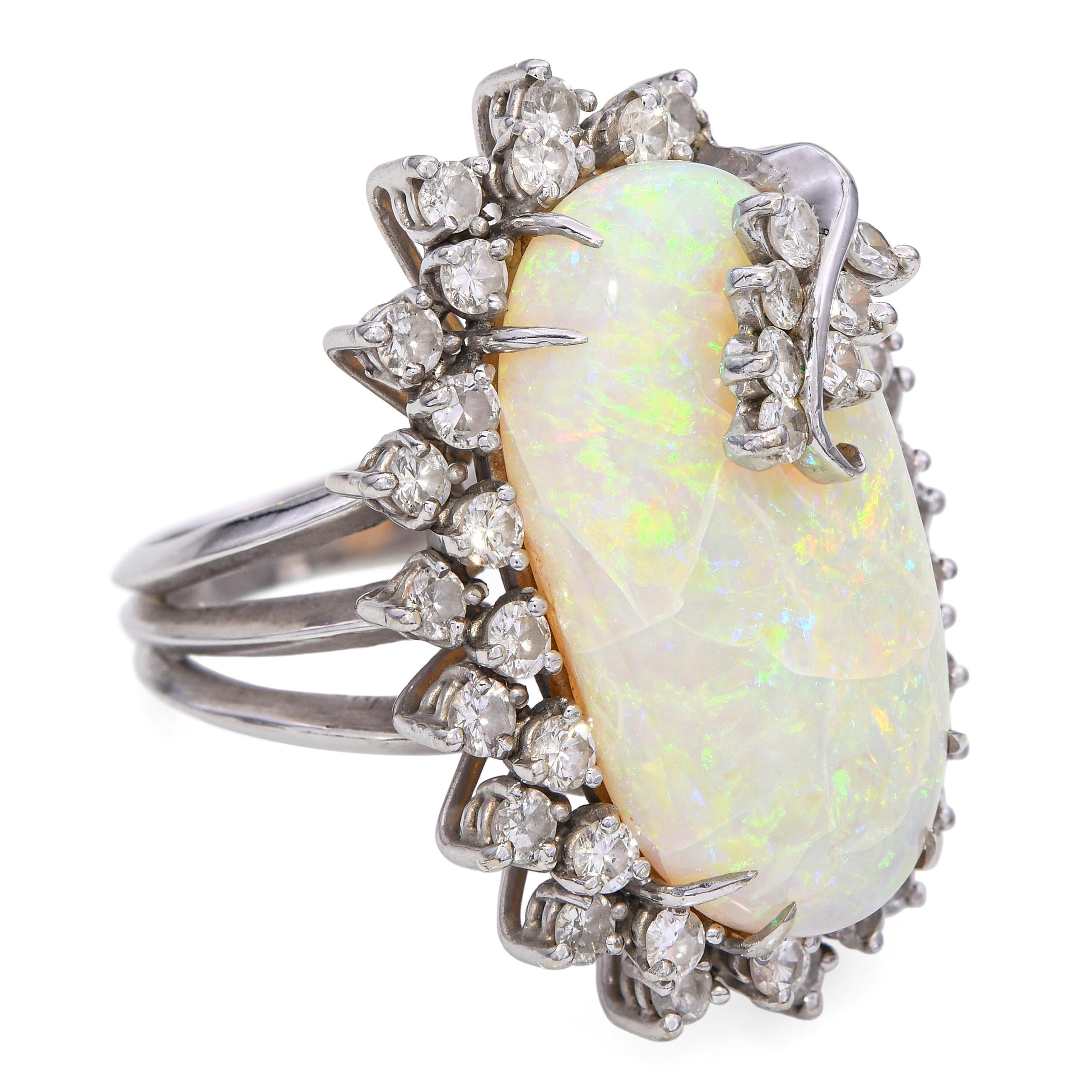 Vintage 14k White Gold 14.11ct Opal and 1.26tcw Diamond Halo Statement Ring