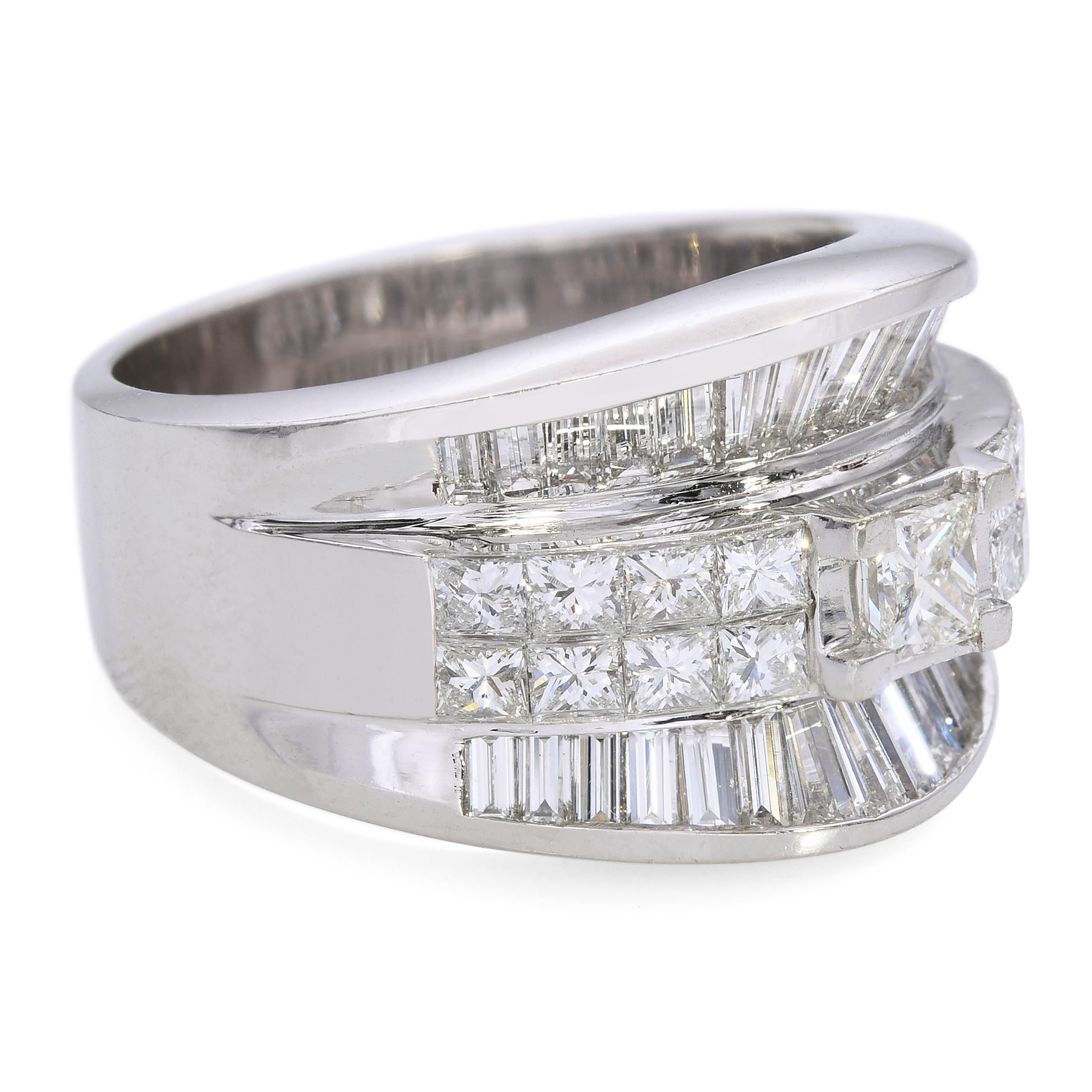 14k White Gold Princess Cut and Baguette Diamond Statement Ring