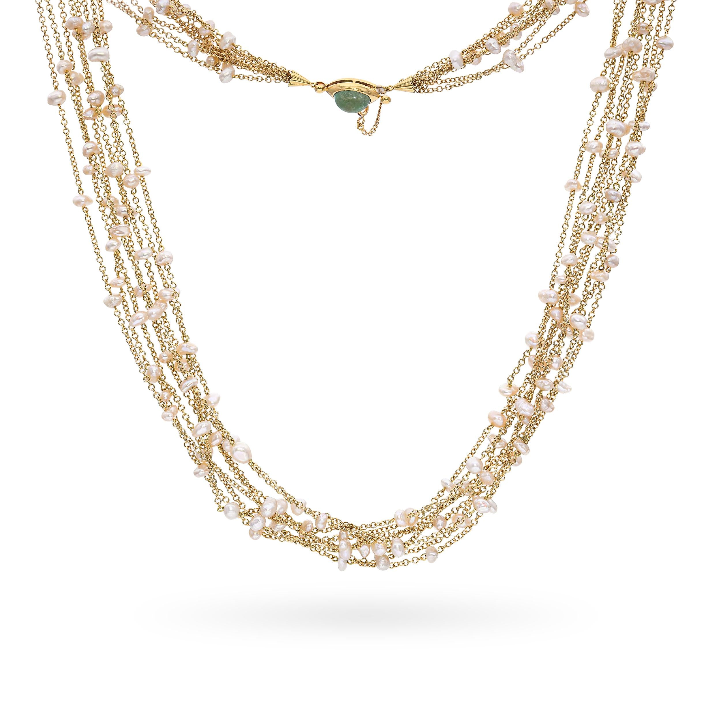 Vintage 18k Yellow Gold Seed Pearl and Turquoise Multi Strand Necklace