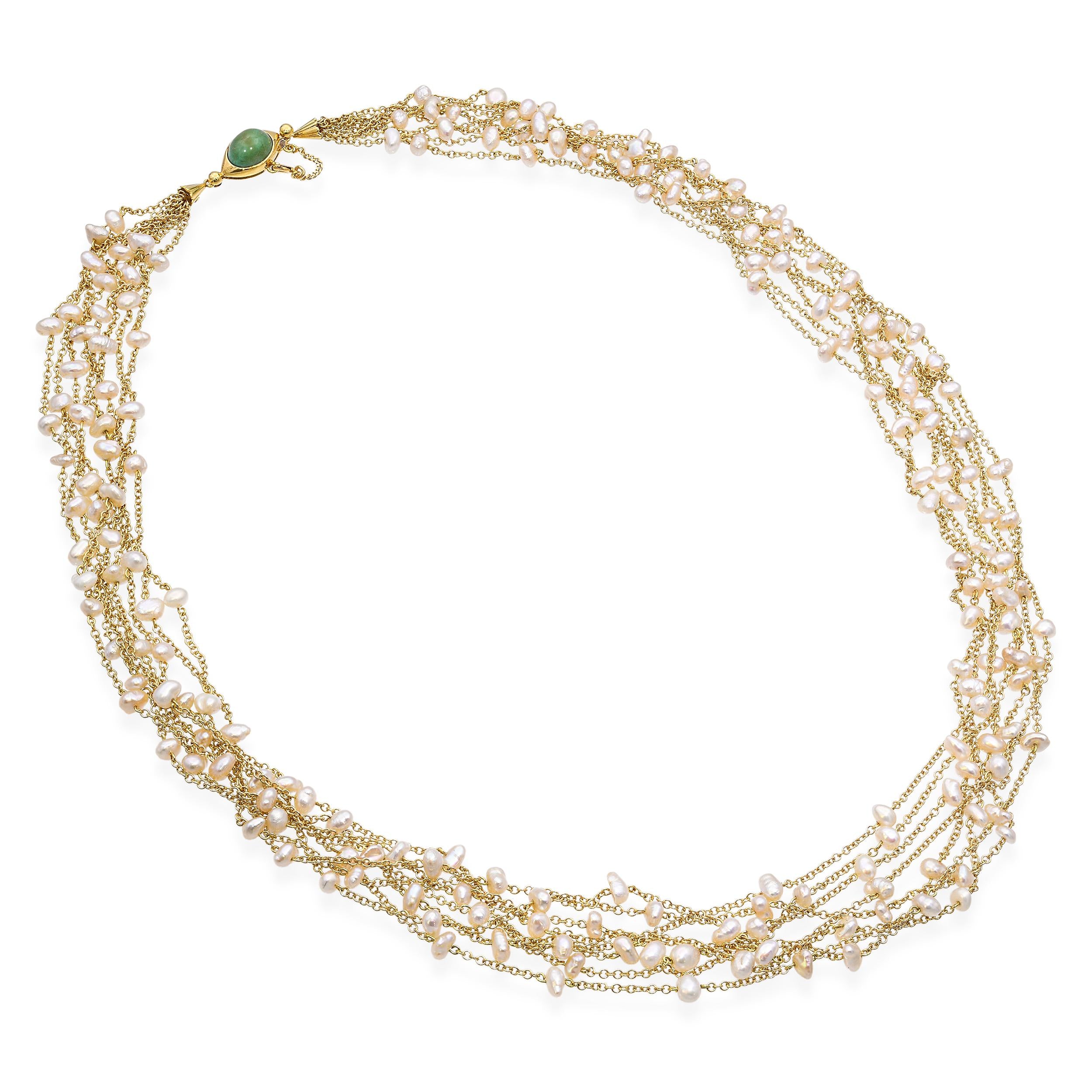 Vintage 18k Yellow Gold Seed Pearl and Turquoise Multi Strand Necklace