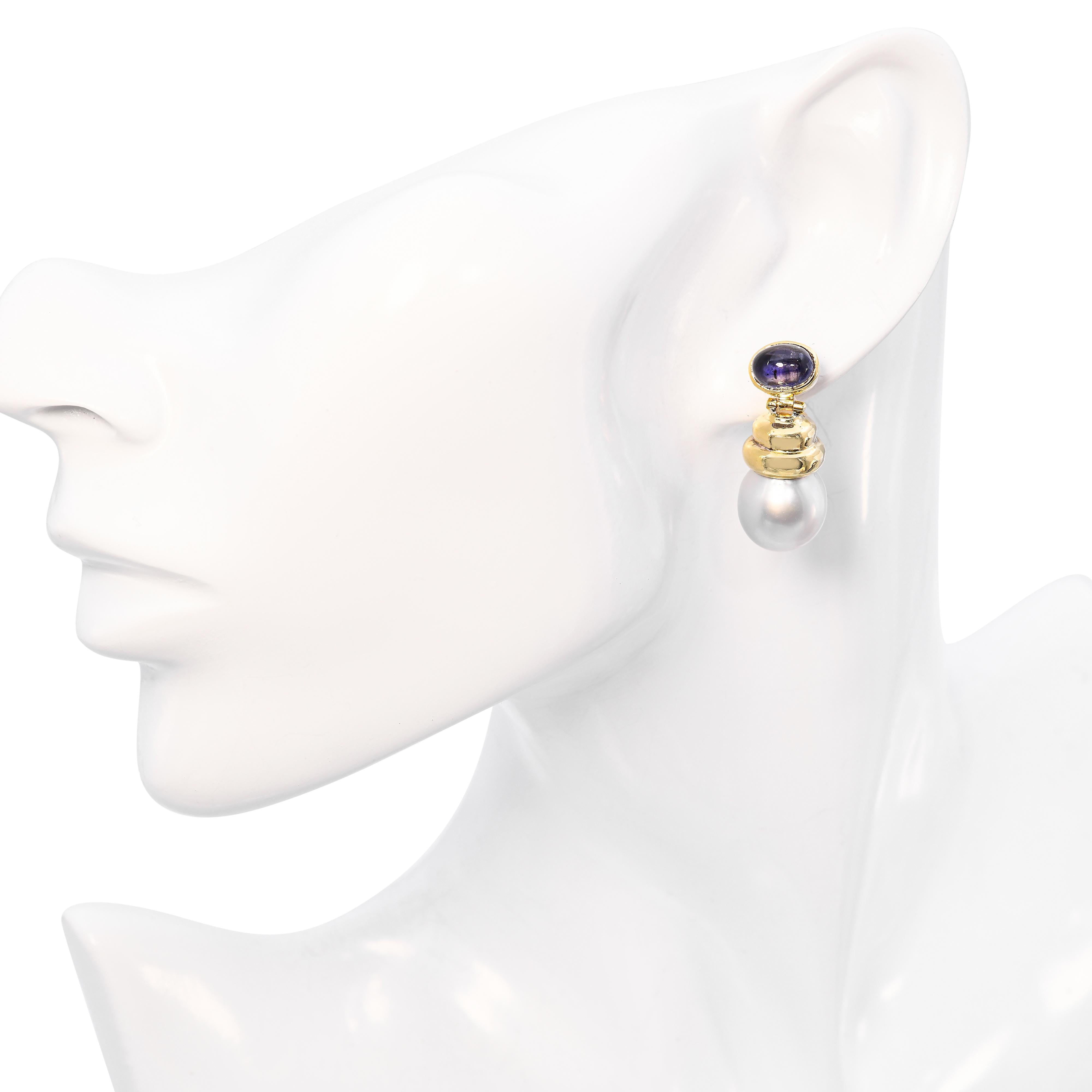 Yellow Gold Pearl & Amethyst Drop Earrings
