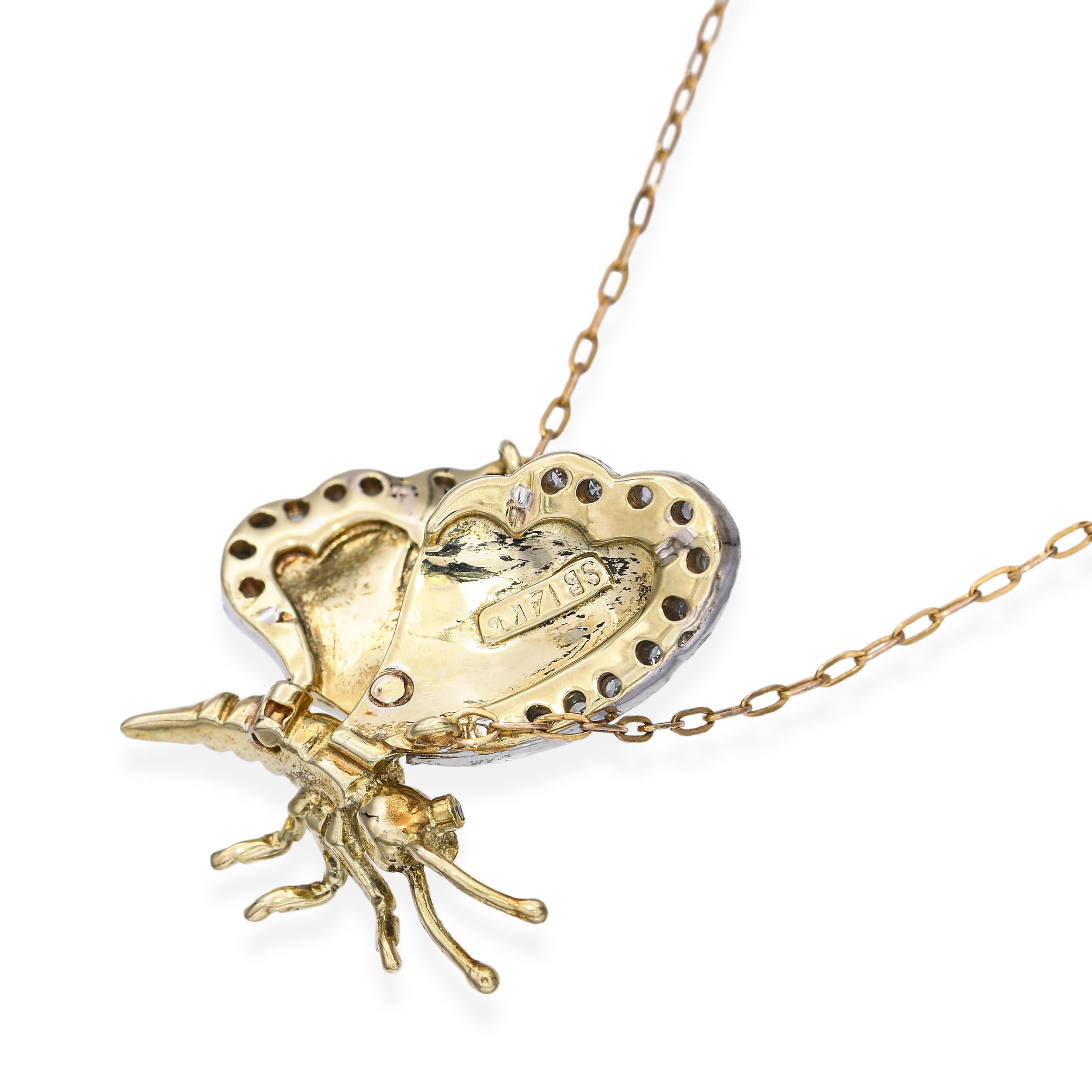 Vintage 14k Gold Diamond Enamel Butterfly Pendant Necklace