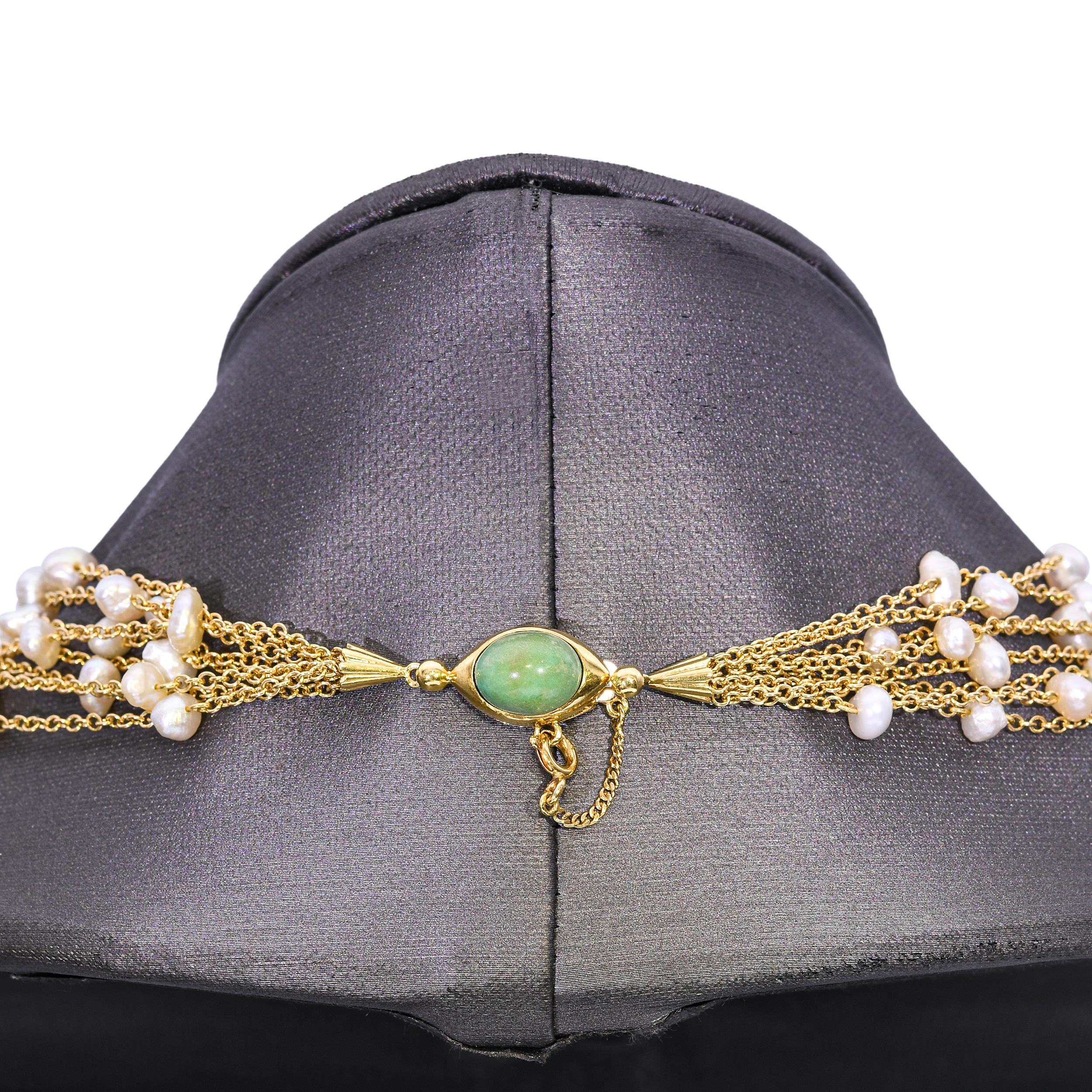 Vintage 18k Yellow Gold Seed Pearl and Turquoise Multi Strand Necklace