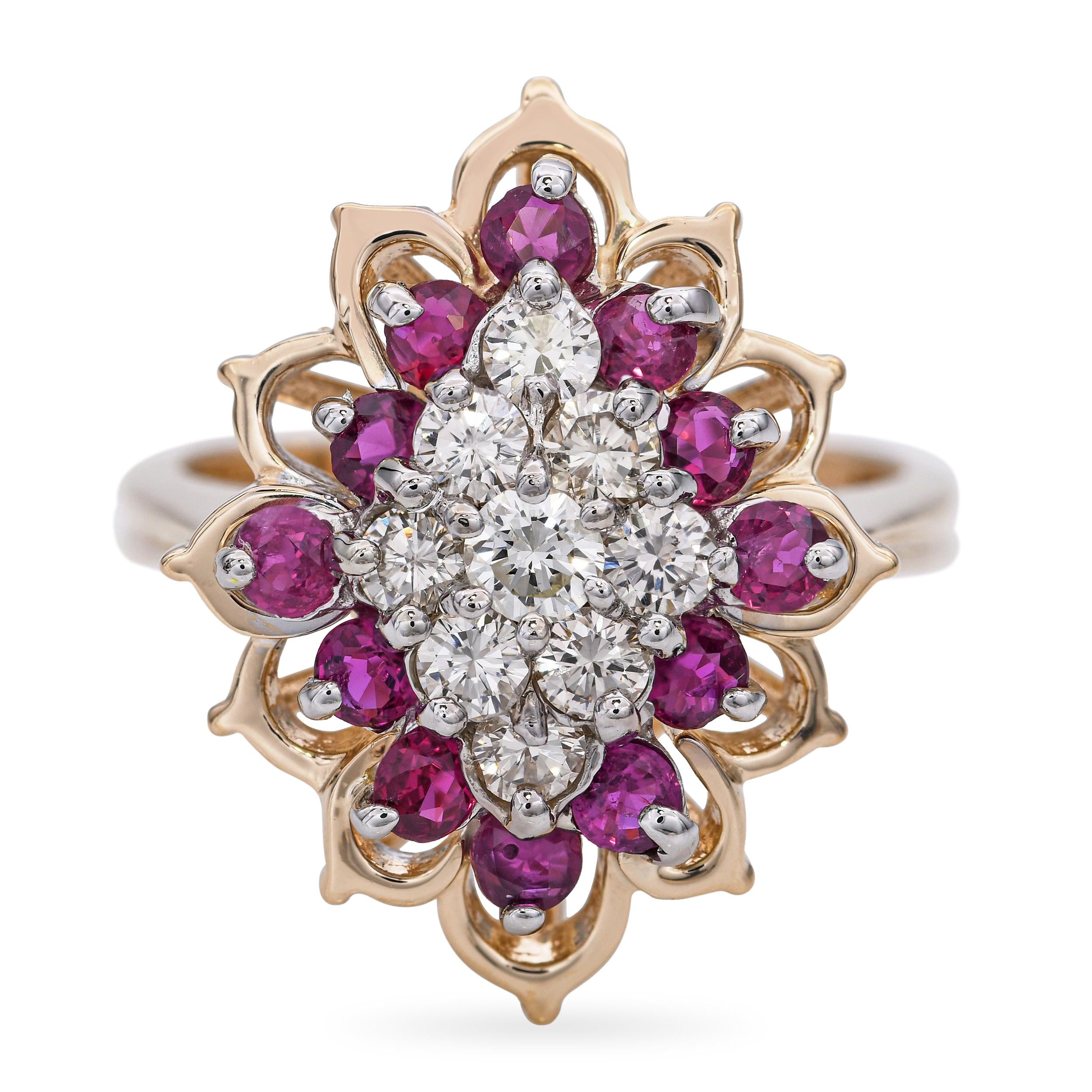 Vintage 14k Yellow Gold Diamond and Ruby Cluster Ring