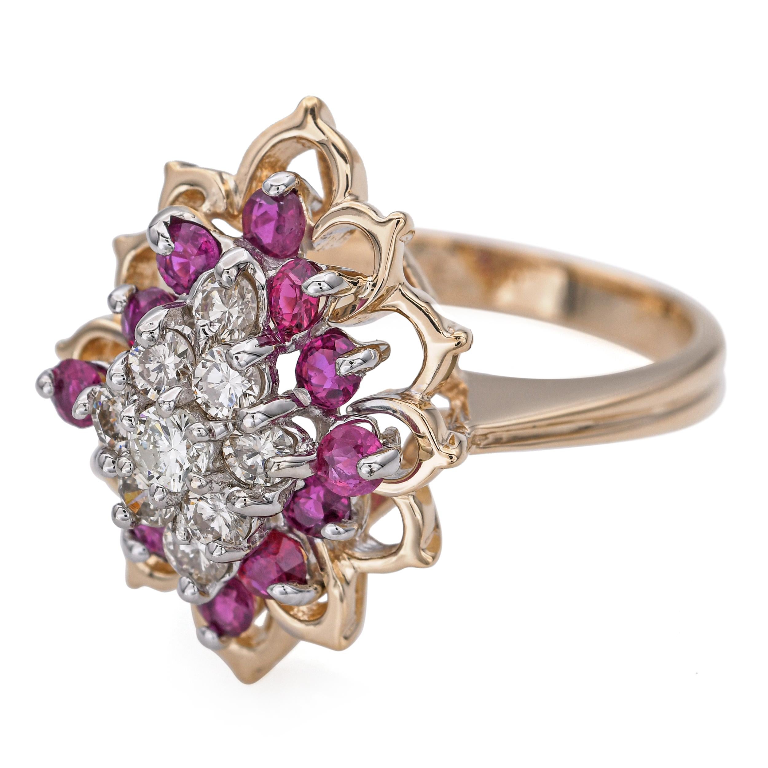 Vintage 14k Yellow Gold Diamond and Ruby Cluster Ring