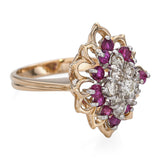 Vintage 14k Yellow Gold Diamond and Ruby Cluster Ring