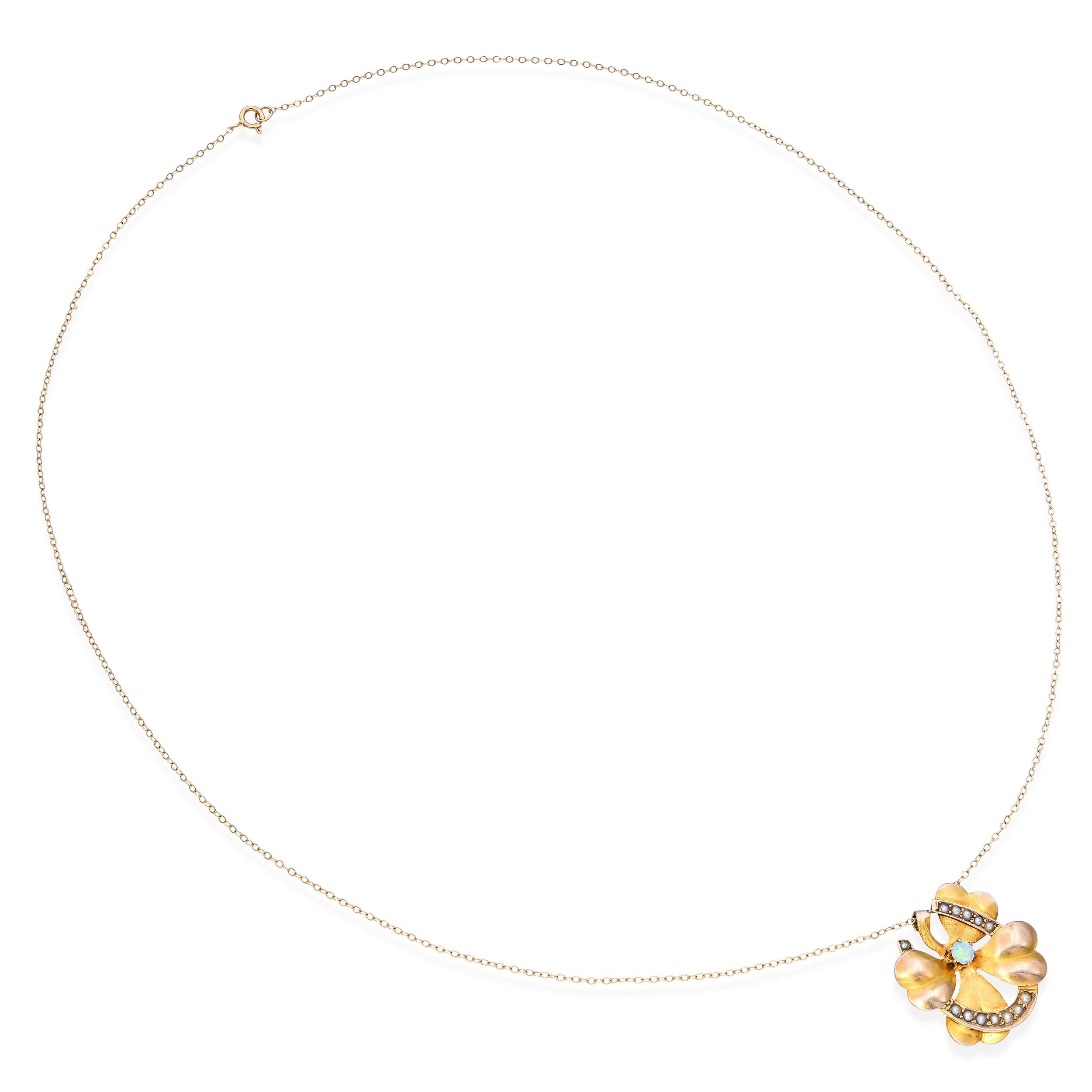 Vintage 13k Yellow Gold Lucky Clover and Horseshoe Opal & Pearl Pendant Necklace