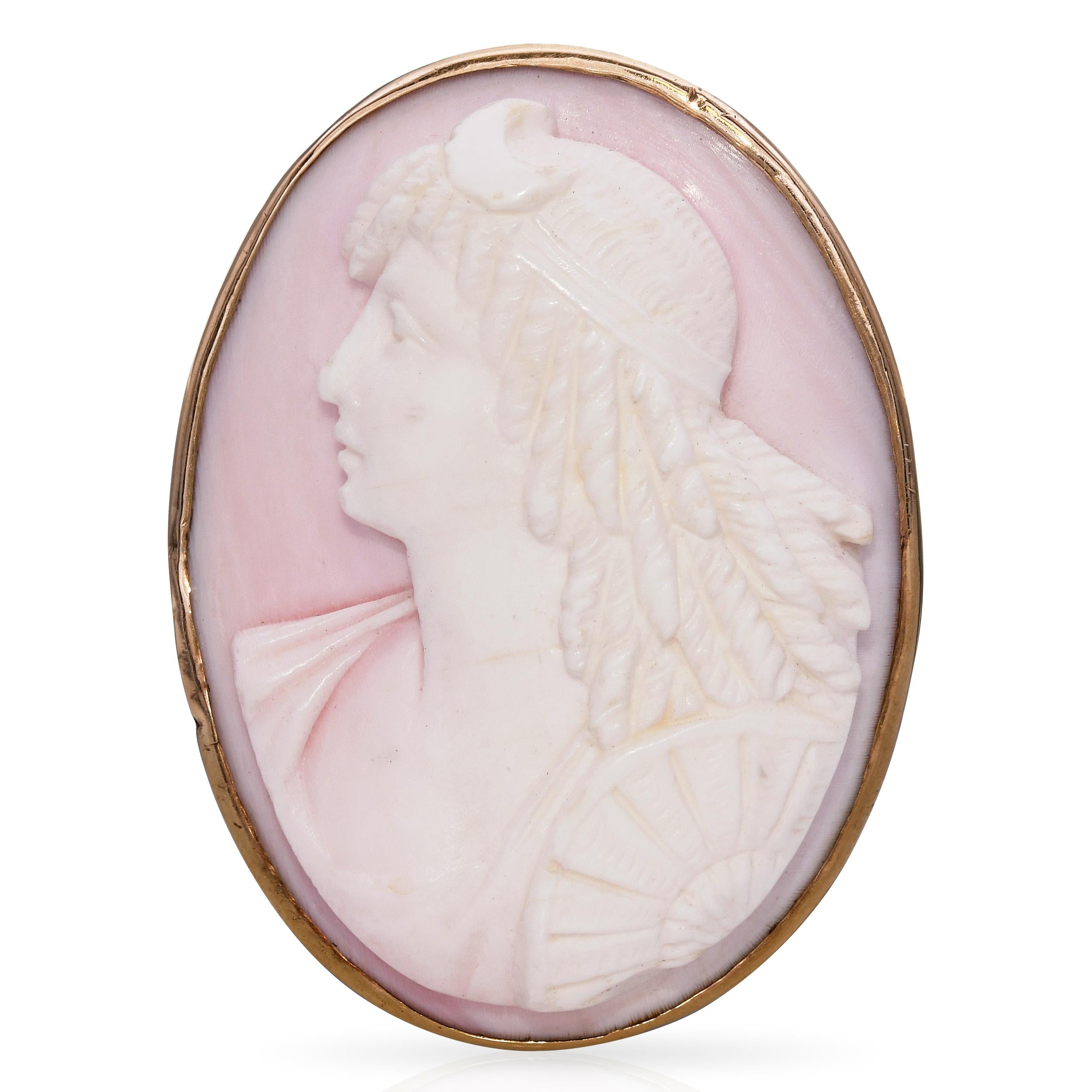 Vintage 10k Yellow Gold Lady of the Moon Pink Conch Shell Cameo Brooch Pendant