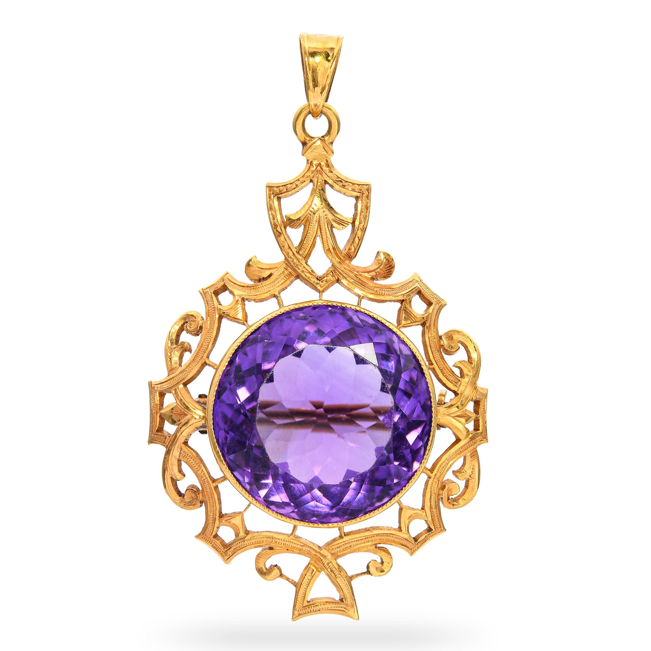 Vintage 14k Yellow Gold 14.26ct Amethyst Woven Motif Pendant