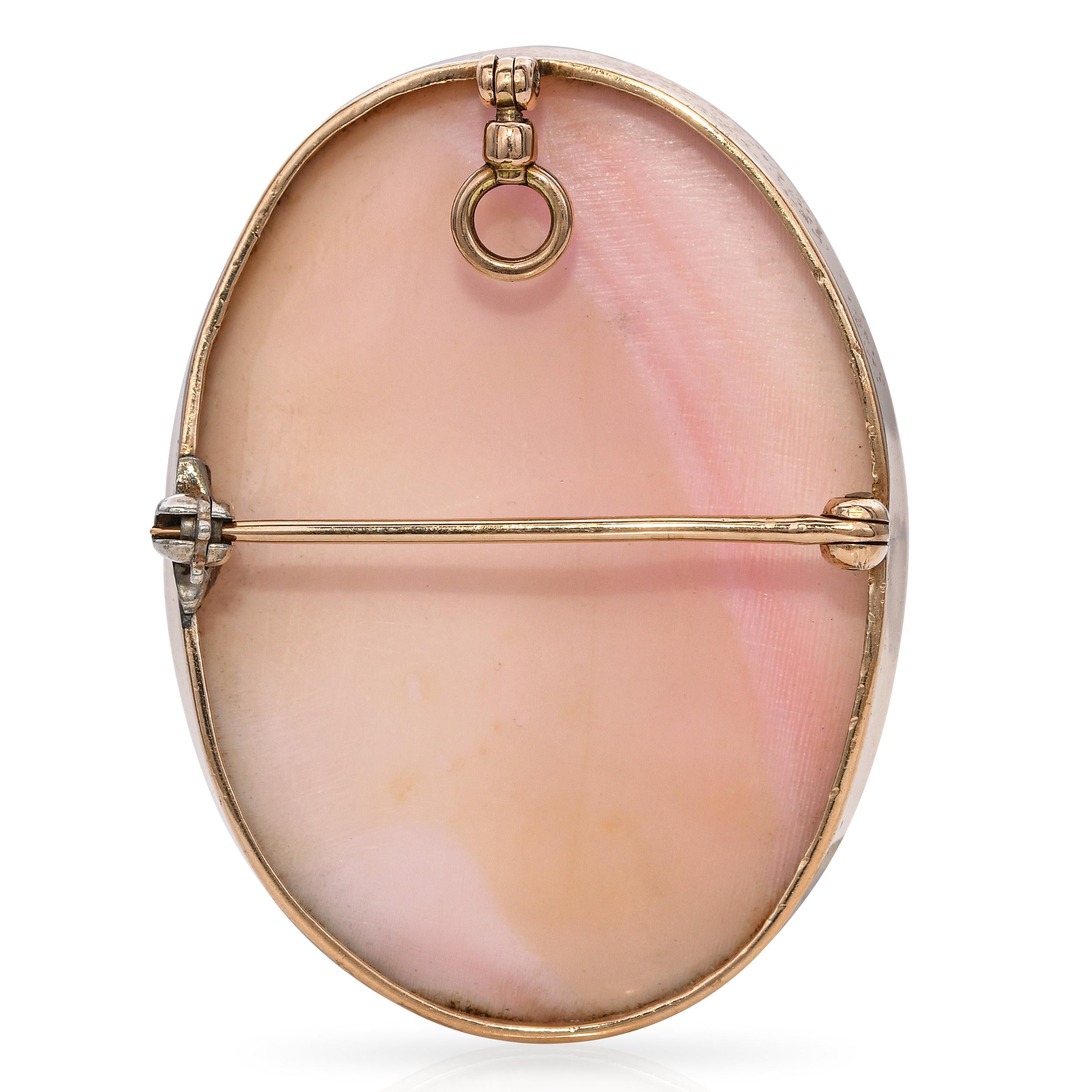 Vintage 10k Yellow Gold Lady of the Moon Pink Conch Shell Cameo Brooch Pendant