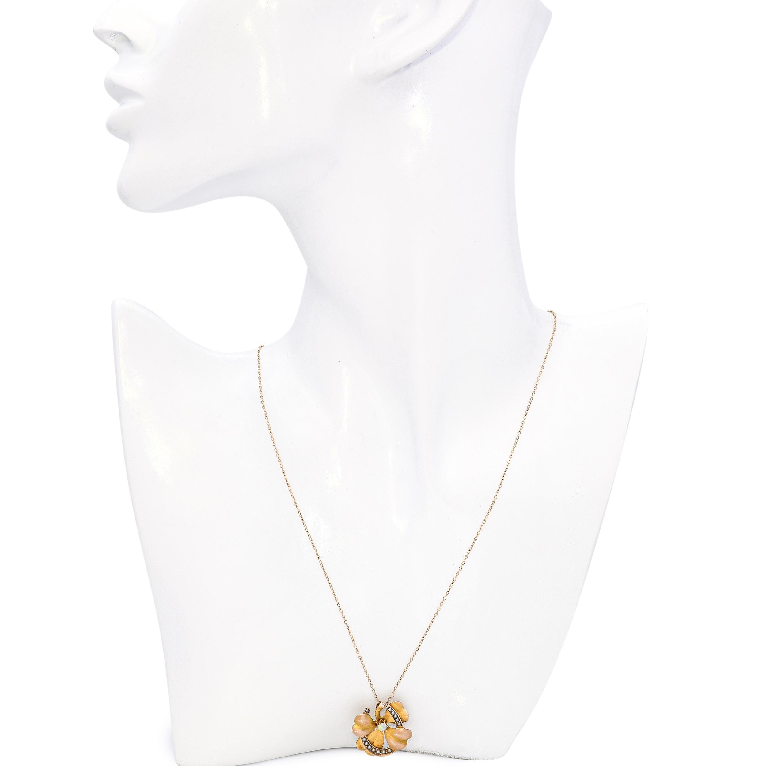 Vintage 13k Yellow Gold Lucky Clover and Horseshoe Opal & Pearl Pendant Necklace