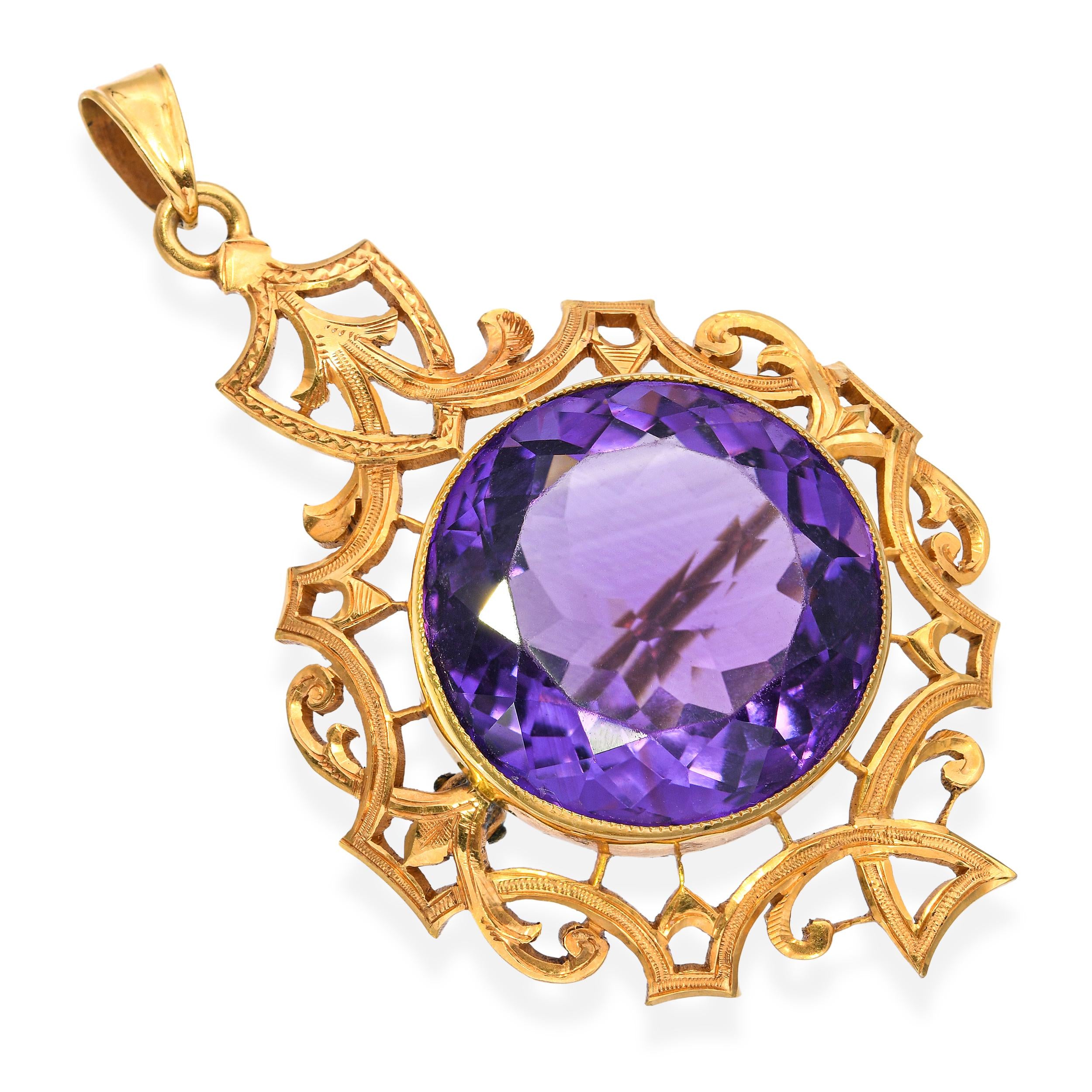 Vintage 14k Yellow Gold 14.26ct Amethyst Woven Motif Pendant