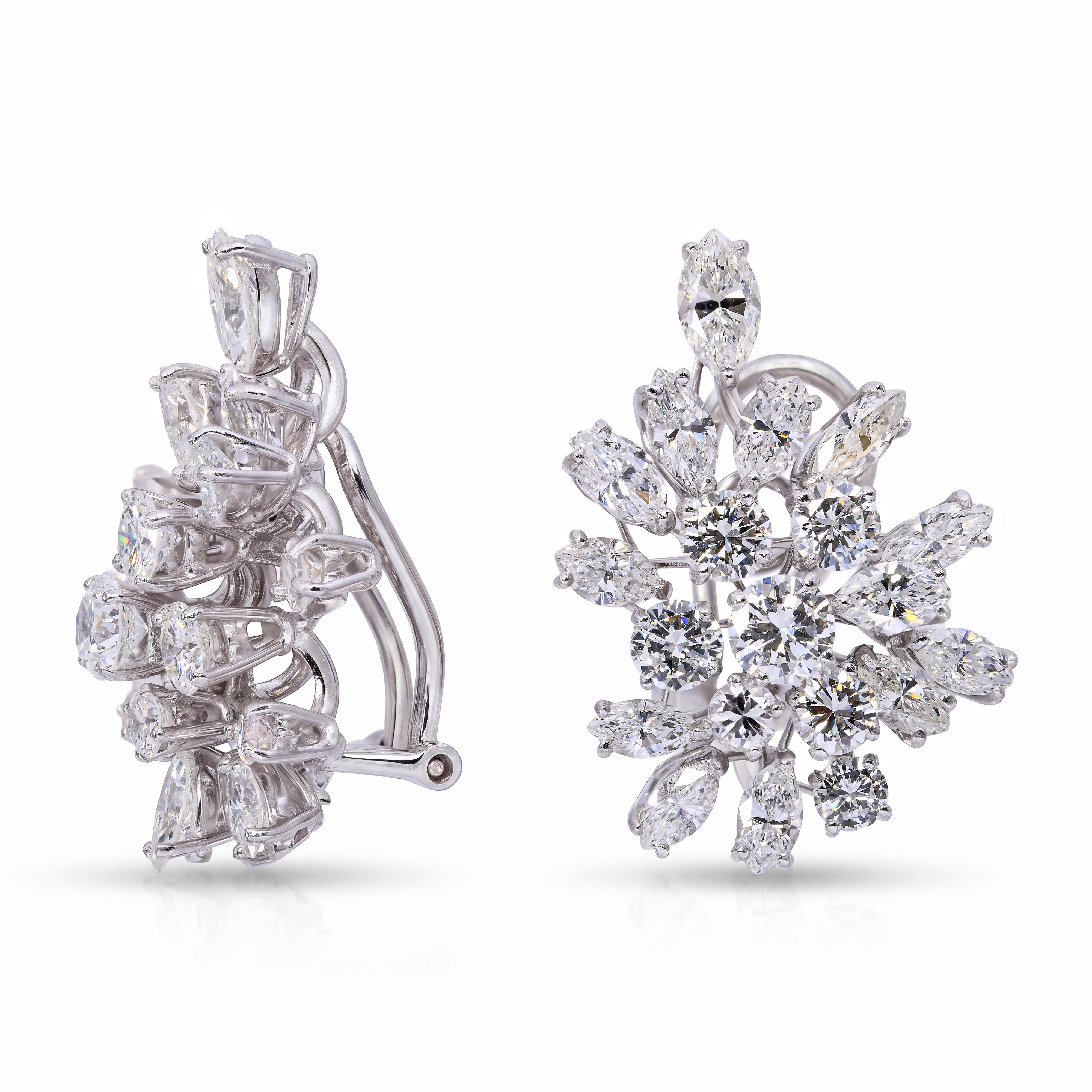 Vintage Platinum 10.15tcw I VS Diamond Cluster Statement Earrings