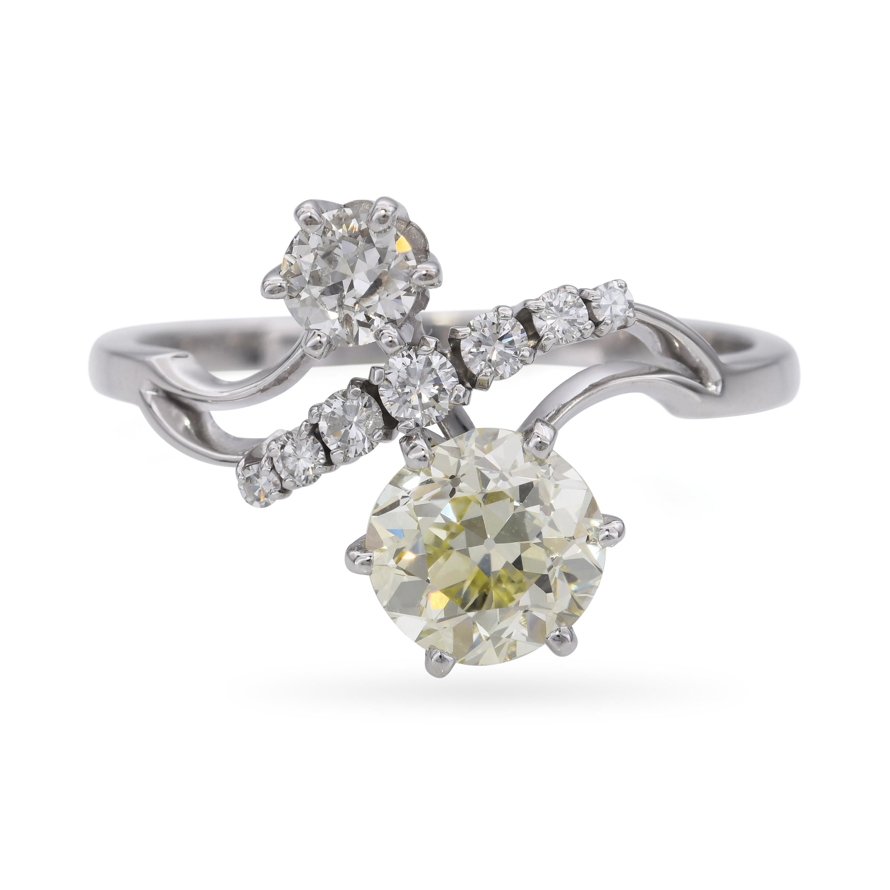 Vintage 18k White Gold 1.75tcw Yellow Old Euro Diamond Statement Ring