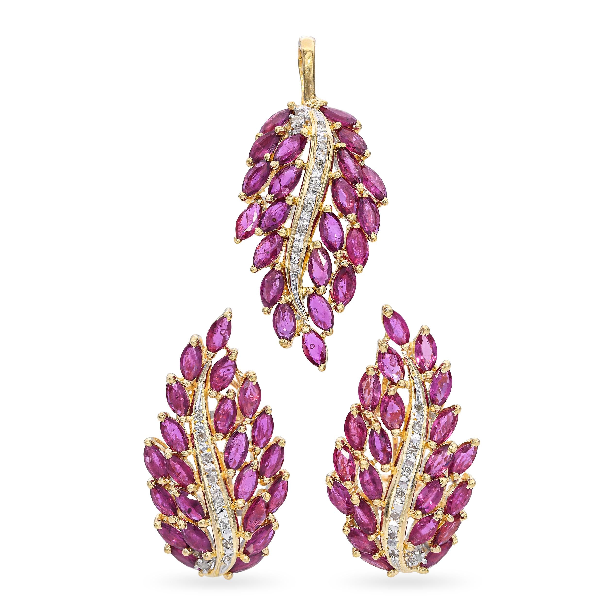 Vintage 14k Two-Tone Gold Ruby and Diamond Pendant & Earrings Set