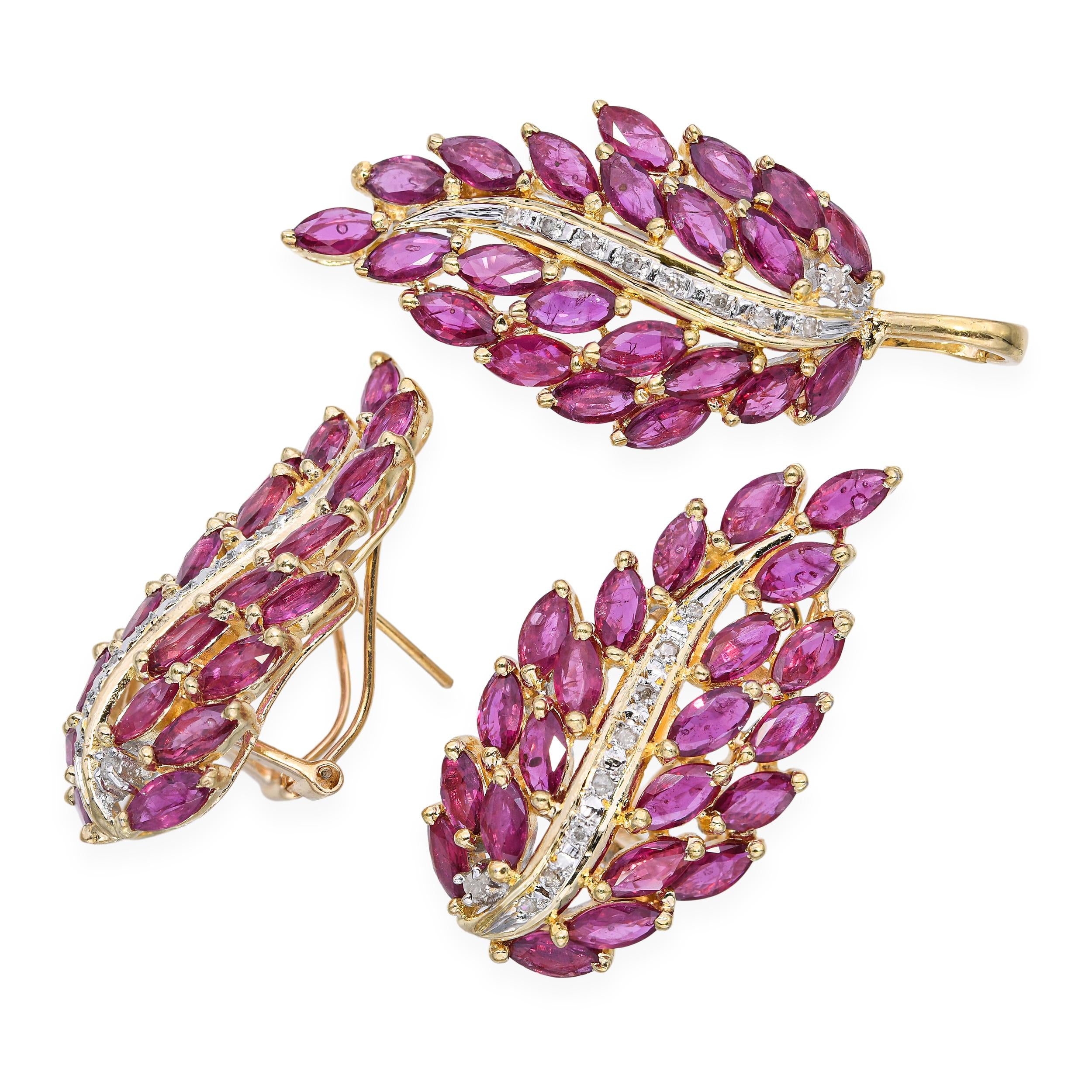 Vintage 14k Two-Tone Gold Ruby and Diamond Pendant & Earrings Set