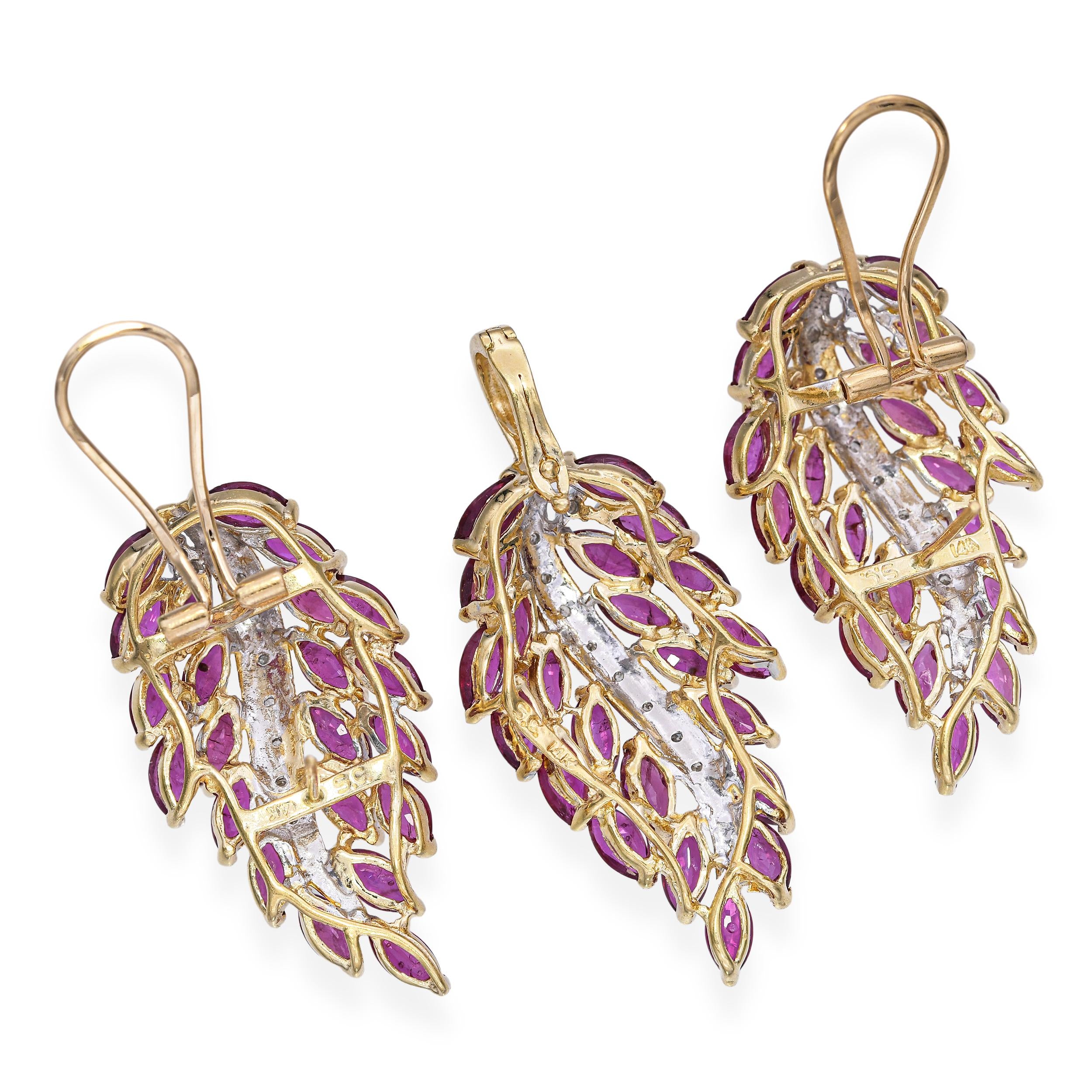 Vintage 14k Two-Tone Gold Ruby and Diamond Pendant & Earrings Set